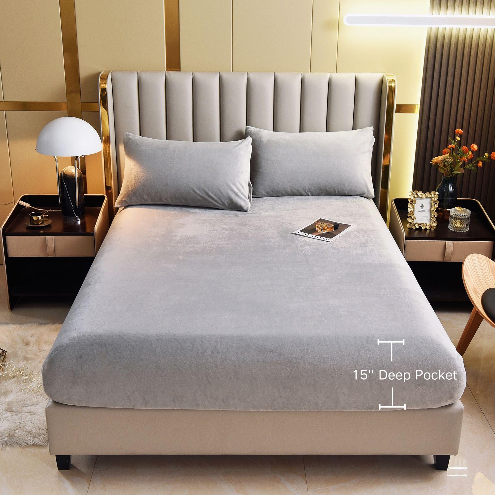 LweiPsqLin Queen Size Velvet Fitted Sheet - Super Soft Fleece Plush Mattress Protector Cover with 15