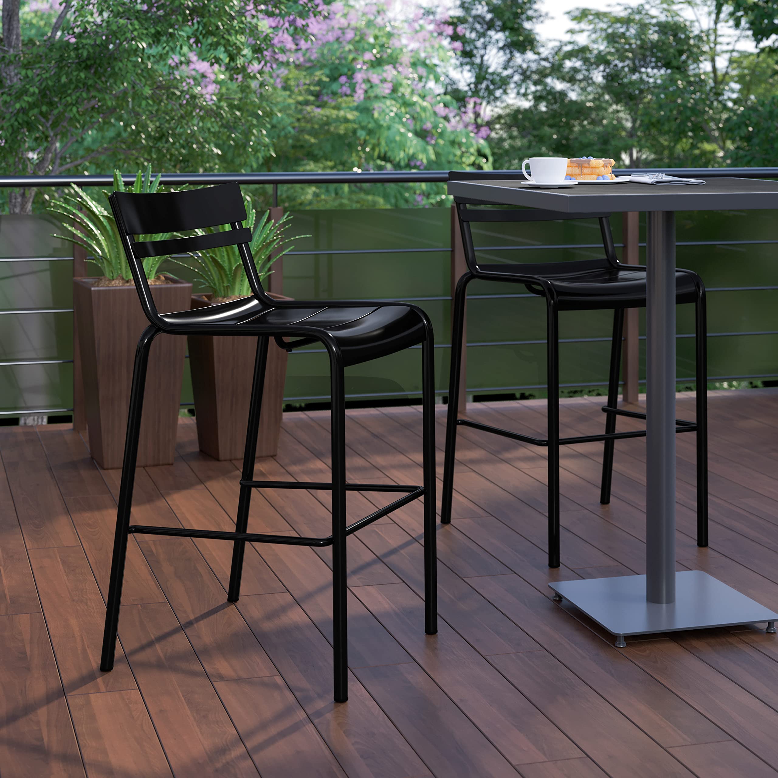 Flash Furniture Nash Commercial Grade Steel Stack Stool - Set of 2 Black Indoor-Outdoor Bar Stools with 2 Slat Back - Perfect for Home Bars, Restaurants & Patios