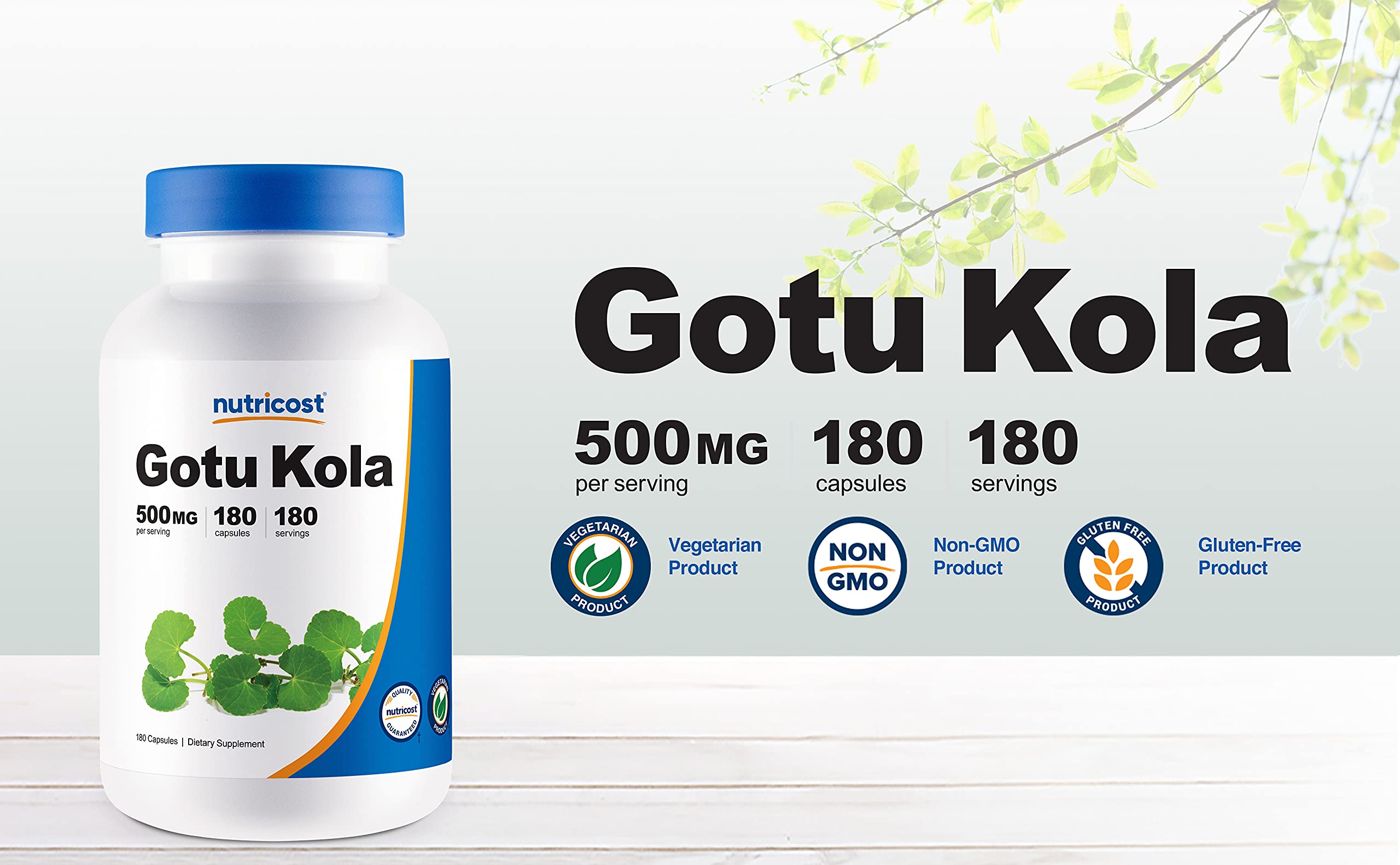 Nutricost Gotu Kola 500mg, 180 Vegetarian Capsules - Gluten Free, Non-GMO Supplement for Memory Support & Stress Relief - Perfect for Daily Wellness Routine