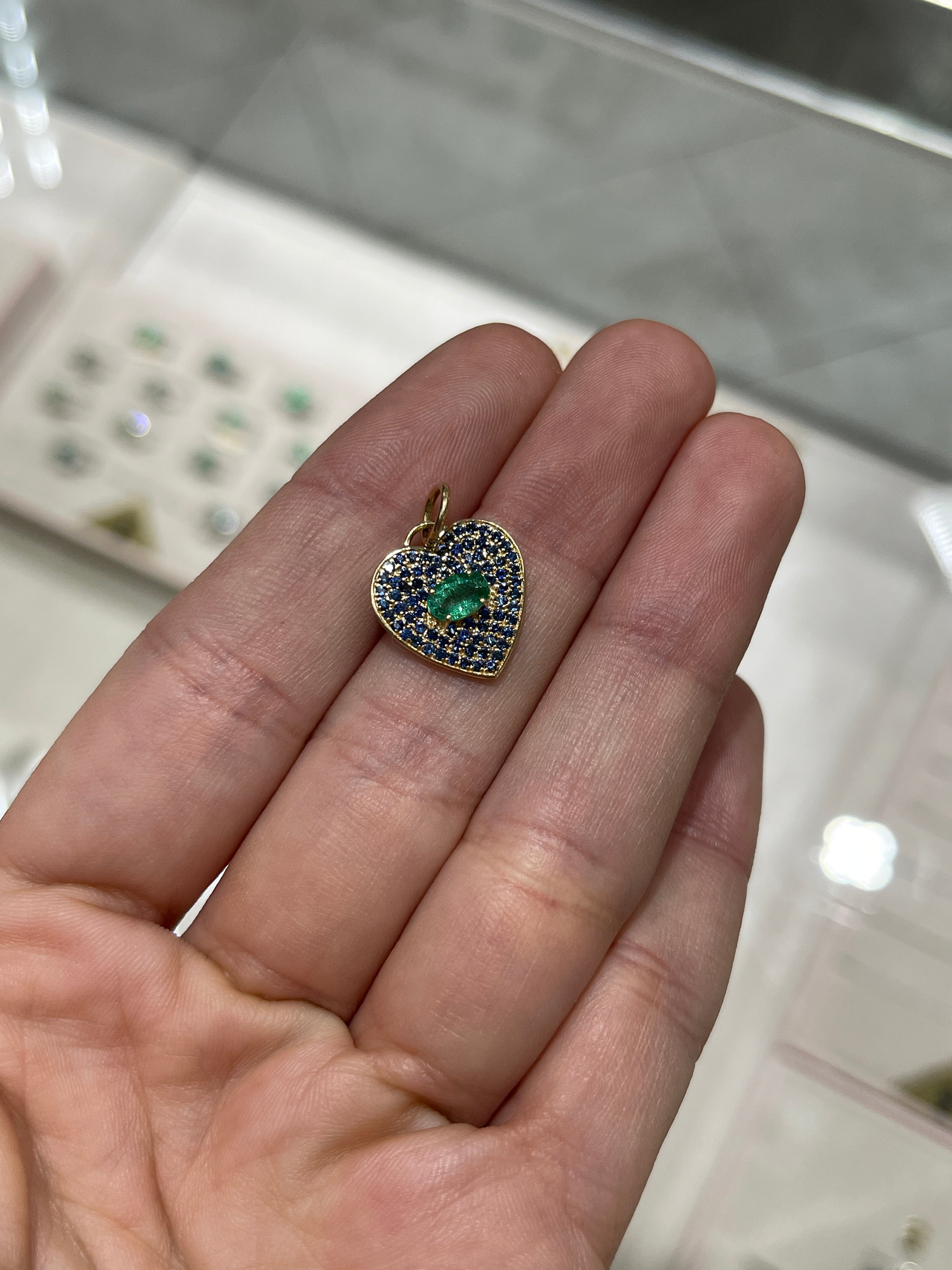 1.10tcw Genuine Emerald & Blue Sapphire Heart Charm Pendant in 14K Gold - Perfect for Valentine's Day Gifts, Anniversary Jewelry & Romantic Occasions