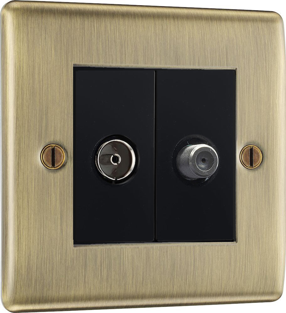 BG Nexus Metal Antique Brass TV & Satellite Wall Plate Socket NAB65B - Perfect for Home Theater Setup and Cable TV Installation