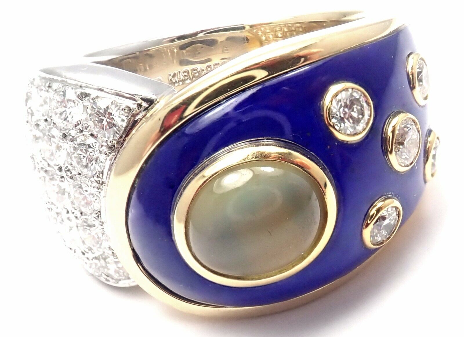 Authentic Mikimoto Platinum & 18K Gold Diamond Cat's Eye Enamel Band Ring - Luxury Jewelry for Women, Elegant Gift for Anniversary, Wedding & Special Occasions
