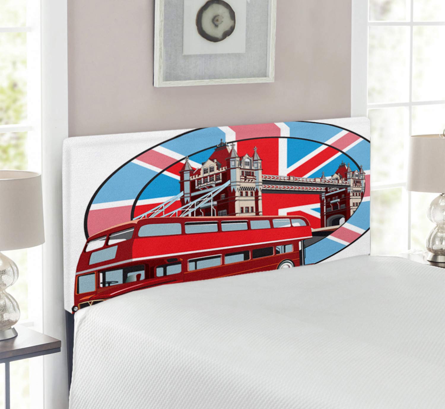 Ambesonne London Headboard - British Flag Design with Thames River & English Bus, Upholstered Metal Bed Headboard with Memory Foam, Twin Size, Multicolor - Perfect for British-Themed Bedrooms, Kids Rooms & Home Decor