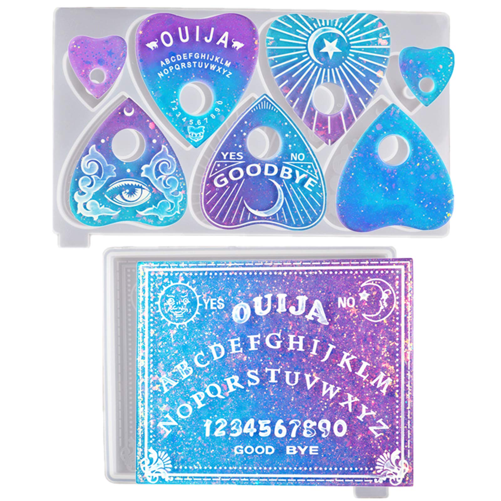 Souarts 2Pcs Ouija Board Silicone Molds Set - Divination Pendant Molds for Resin Casting, Prophecy Board & Heart Shape Pendant DIY Craft Molds - Perfect for Halloween Decorations, Witchcraft Supplies & Unique Gift Making