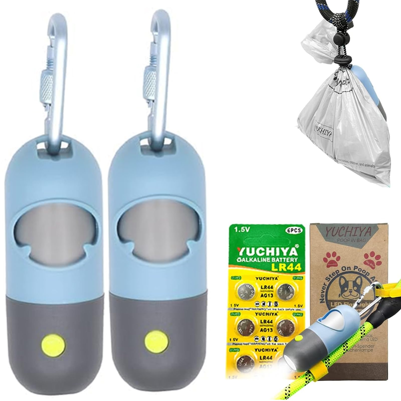 LED Dog Poop Bag Holder with Flashlight | Leash-Mounted Pet Waste Bag Dispenser | Waterproof Doggie Potty Bags Container with 30 Leak-Proof Bags & Accessories (2 Pack, Sky Blue) - Perfect for Night Walks, Hiking & Outdoor Adventures with Your Pet