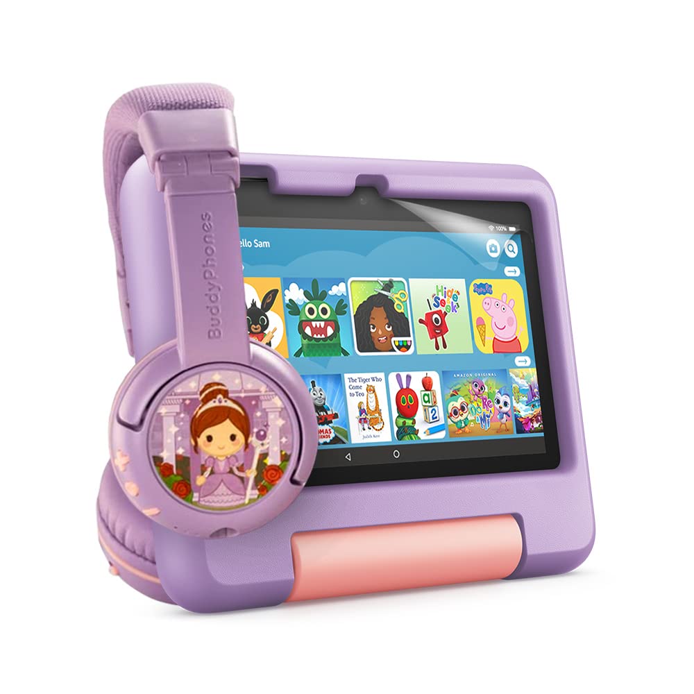 Fire 7 Kids Tablet 16GB Purple - BuddyPhones PlayTime Bluetooth Headphones for Kids Purple - NuPro Screen Protector 2-Pack | Perfect for Online Learning, Travel & Entertainment