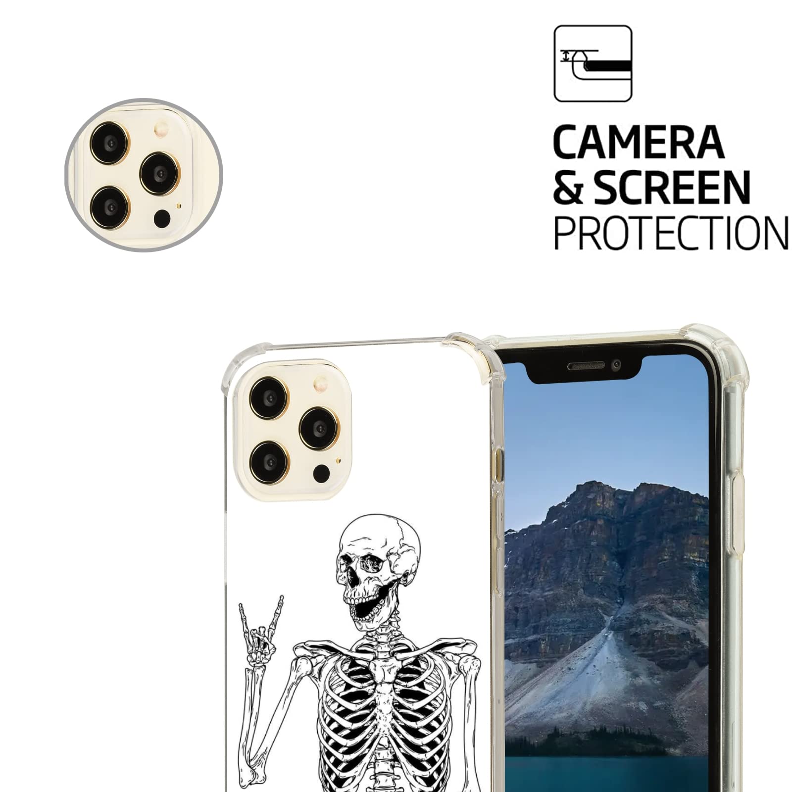 Rock and Roll Skull iPhone 12 Pro Max Case - White & Black Skeleton TPU Bumper Cover with Wireless Charging Support | Trendy Protective Phone Case for Music Lovers & Halloween Party