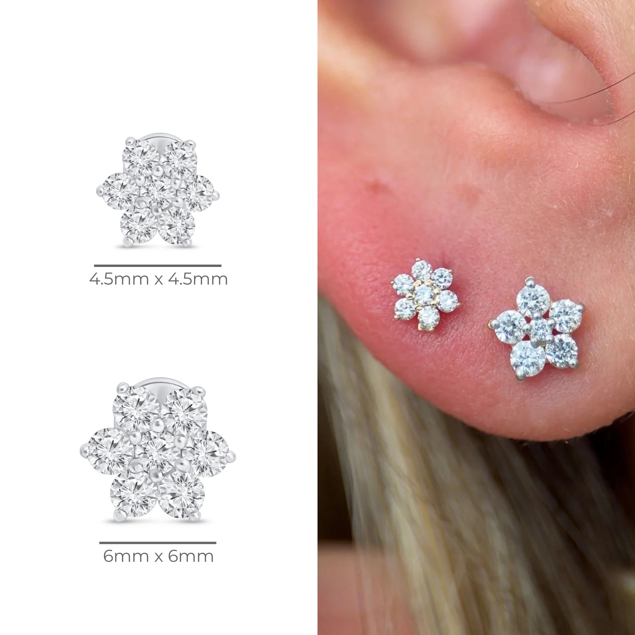 14k White Gold Seven Diamond Flower Stud Earrings - Elegant Flat Back Design for Women, Perfect for Weddings, Parties & Everyday Wear