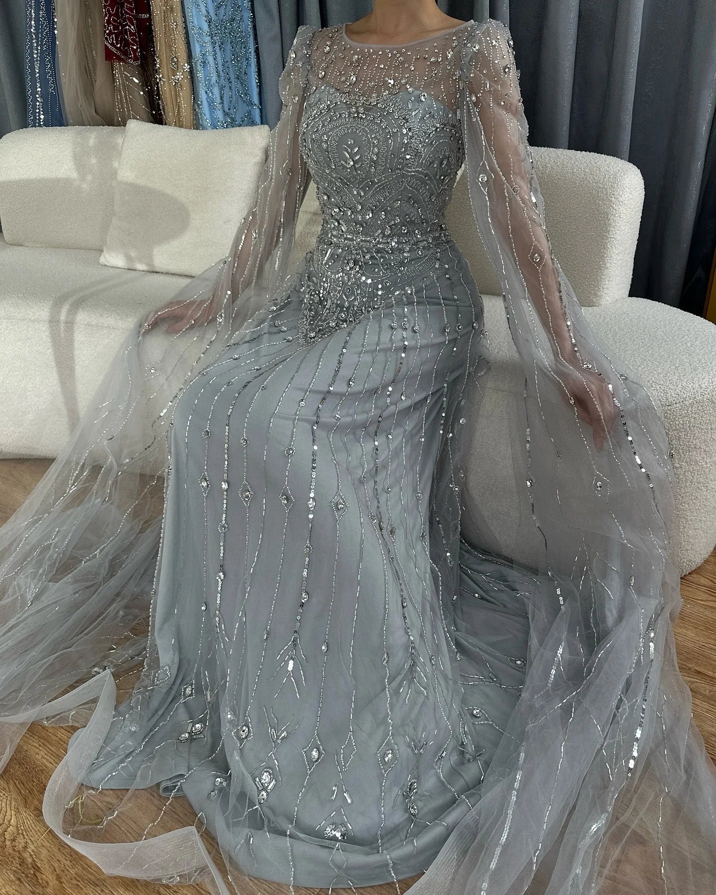 Luxury Designer Blue Beaded Stone Arabic Evening Dress with Cape Sleeve LA72635 - Elegant Formal Gown for Weddings, Galas & Special Occasions