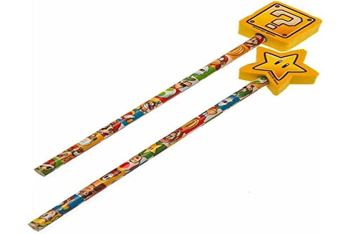 Super Mario Official Merchandise - Set of 2 Drawing Pencils with Character Toppers (Color Block Design) & Erasers | Sketching Pencils for Kids & Artists | Perfect for School, Art Class & Gift Giving
