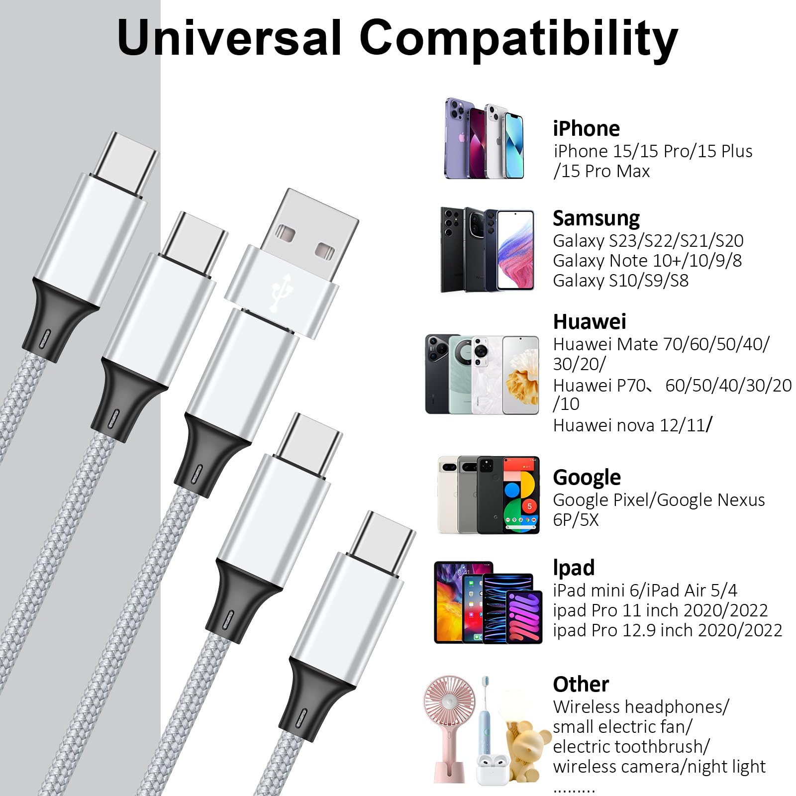 USB C Splitter Multi Charging Cable 2-Pack (4Ft) - 4-in-1 USB A/C to USB C PD & QC 3.1A Fast Charger with 4 Type-C Ports - Compatible with iPhone, Samsung, iPad, MacBook - Perfect for Home, Office & Travel Charging
