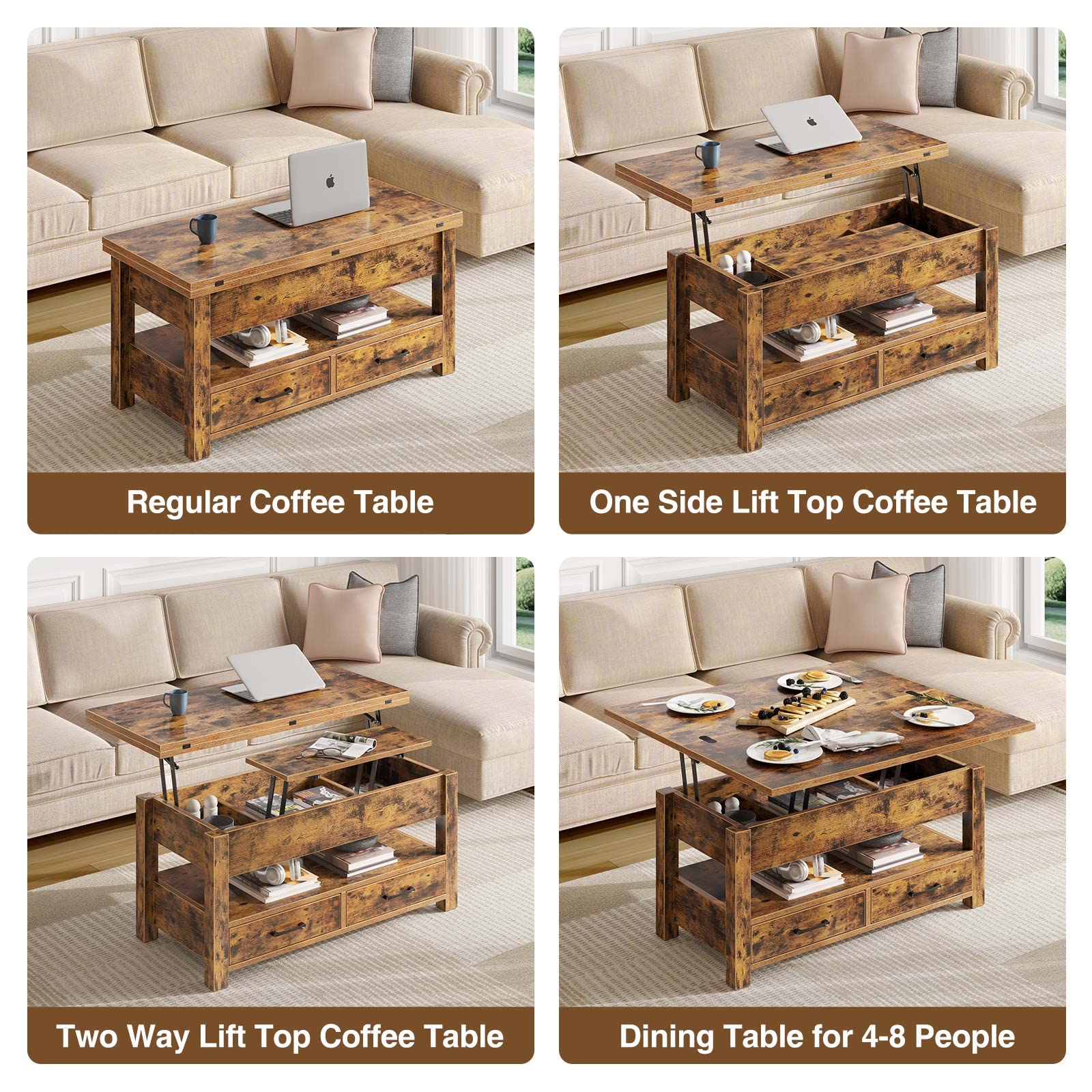 Rolanstar Lift Top Coffee Table with Drawers - Convertible Rustic Brown Coffee to Dining Table - Hidden Storage Compartment - Perfect for Living Room, Home Office & Small Spaces