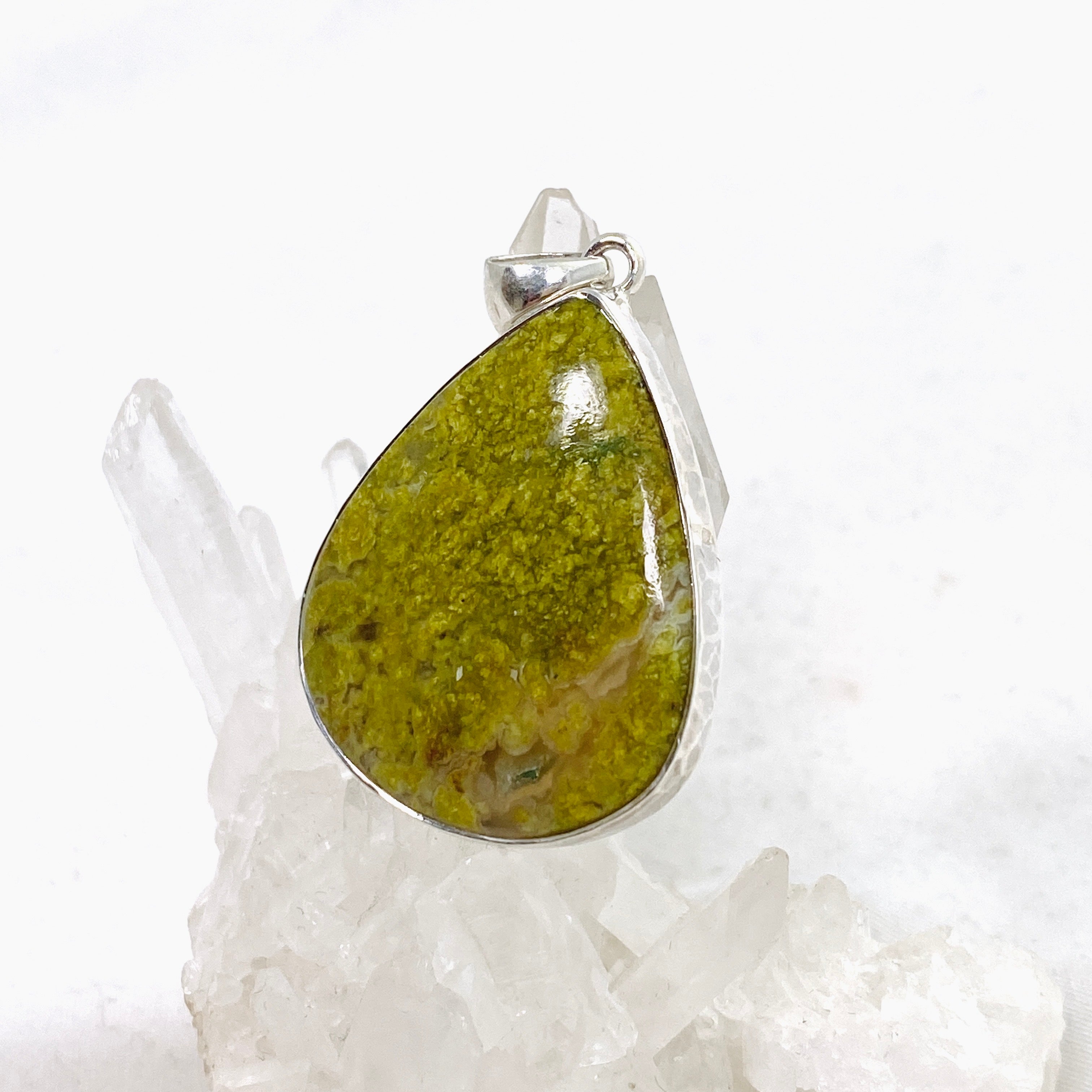 Natural Green Opal (Madagascar) Teardrop Cabochon Pendant Necklace - Handcrafted Hammered Sterling Silver Setting KPGJ4665 - Perfect for Boho Jewelry, Gift Giving & Special Occasions