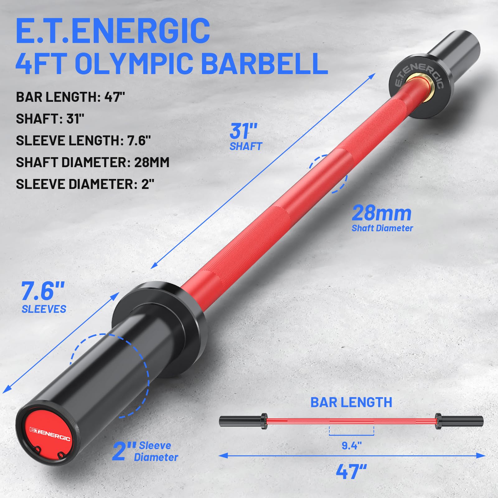 4ft Olympic Barbell 20KG Weightlifting Bar - 500lbs Capacity with Hard Chrome Sleeves for 2