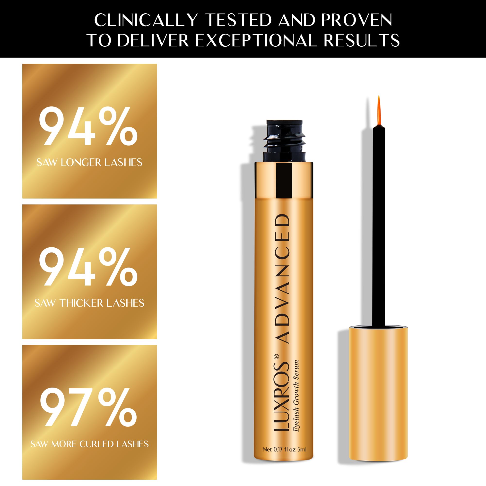 LUXROS Eyelash Growth Serum for Longer & Thicker Lashes - Natural Lash Enhancer Treatment, Vegan & Cruelty-Free, Made in USA, 5ml (6 Month Supply) - Perfect for Daily Use to Boost Lash Volume & Strength
