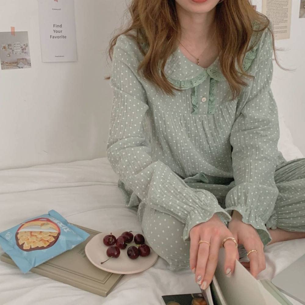 AUBERSIT Women's Cotton Polka Dot Pajama Set - 2 Piece Sleepwear Nightwear, Kawaii Pijama Suit in Green (One Size) - Perfect for Sleepovers, Loungewear & Cozy Nights at Home