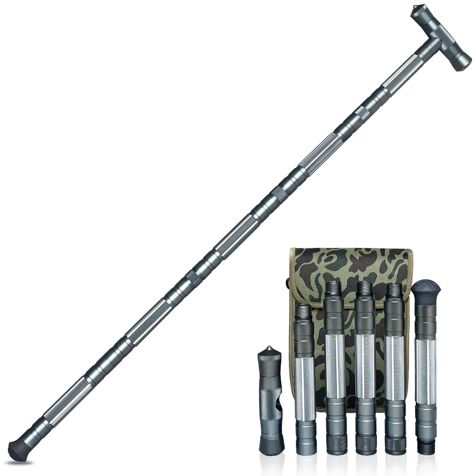 Tactical Hiking Stick - Adjustable Trekking Pole with Multitool for Men & Women | Portable Walking Staff for Outdoor Camping, Hiking & Backpacking | Durable & Lightweight (Gray)