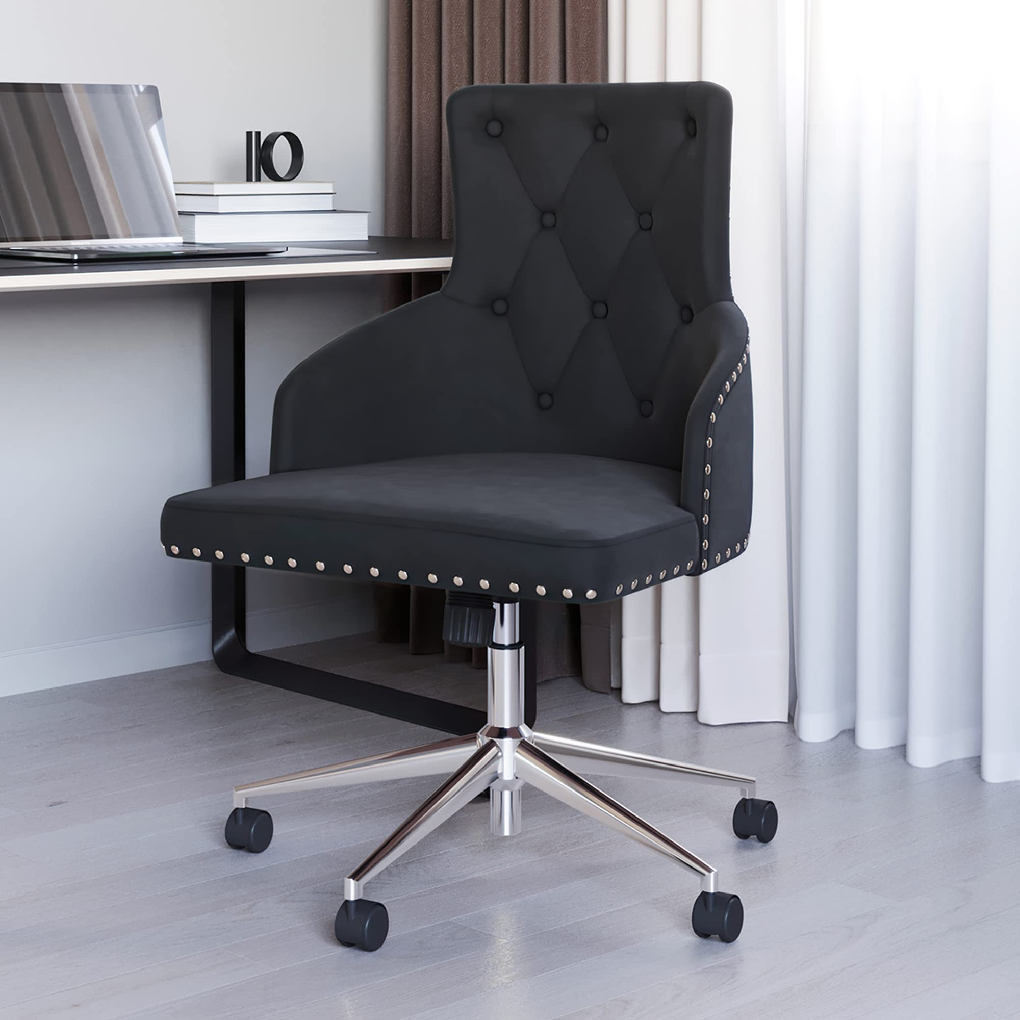 BELLEZE Modern Velvet Desk Chair - Adjustable Height Swivel Office Chair with Wheels & Tufted Upholstered Seat - Ergonomic Computer Chair for Home Office, Gaming, Bedroom Vanity (Black)