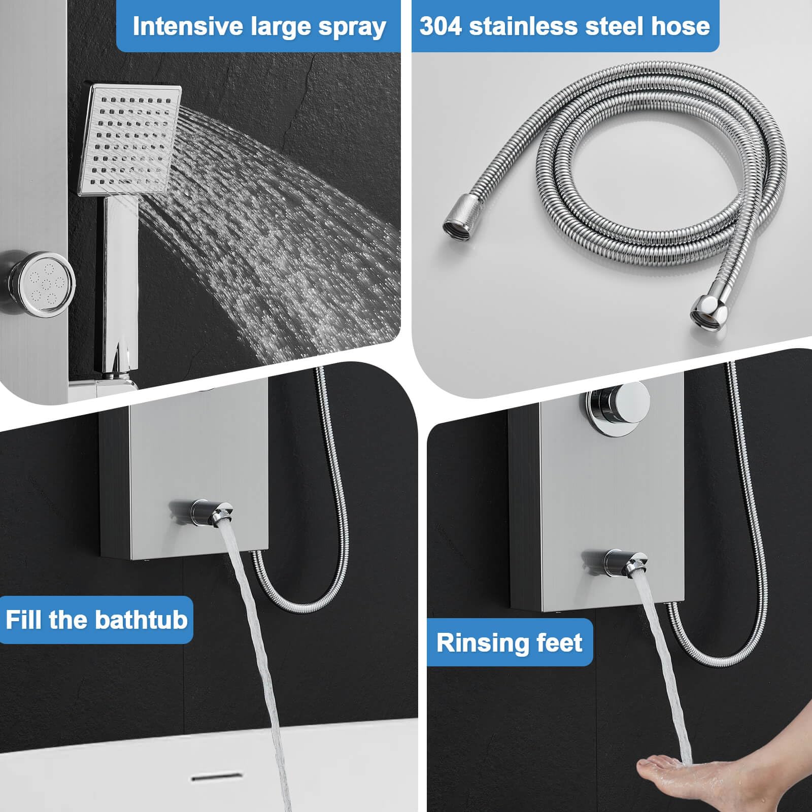 ROVOGO 5-in-1 LED Shower Panel Tower System with Rainfall, Mist, Handheld, Body Jets & Tub Spout - Brushed Stainless Steel Shower Column with Color Changing Lights - Perfect for Spa-Like Bathroom Upgrade & Luxury Shower Experience