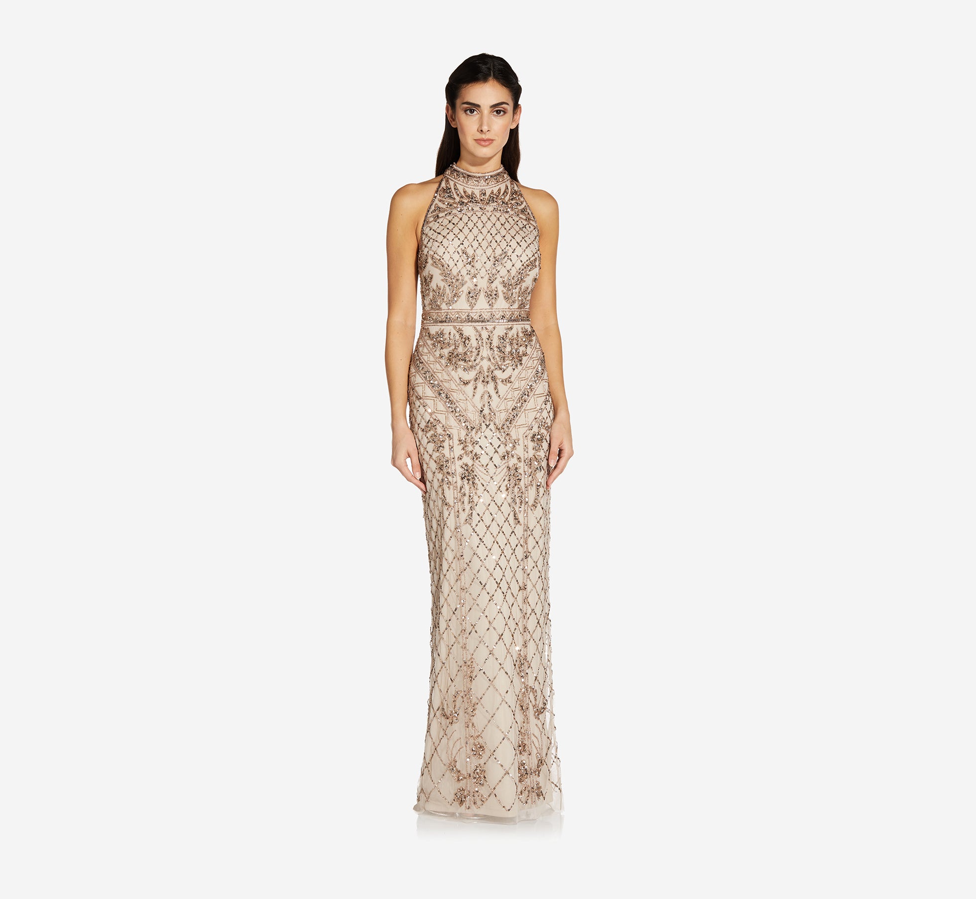 Elegant Mock Neck Beaded Column Dress with T-Back - Perfect for Evening Parties, Weddings & Special Occasions