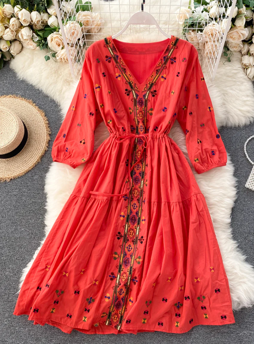 Elegant A-Line V-Neck Embroidered Long Sleeve Dress for Women - Perfect for Weddings, Parties & Formal Occasions