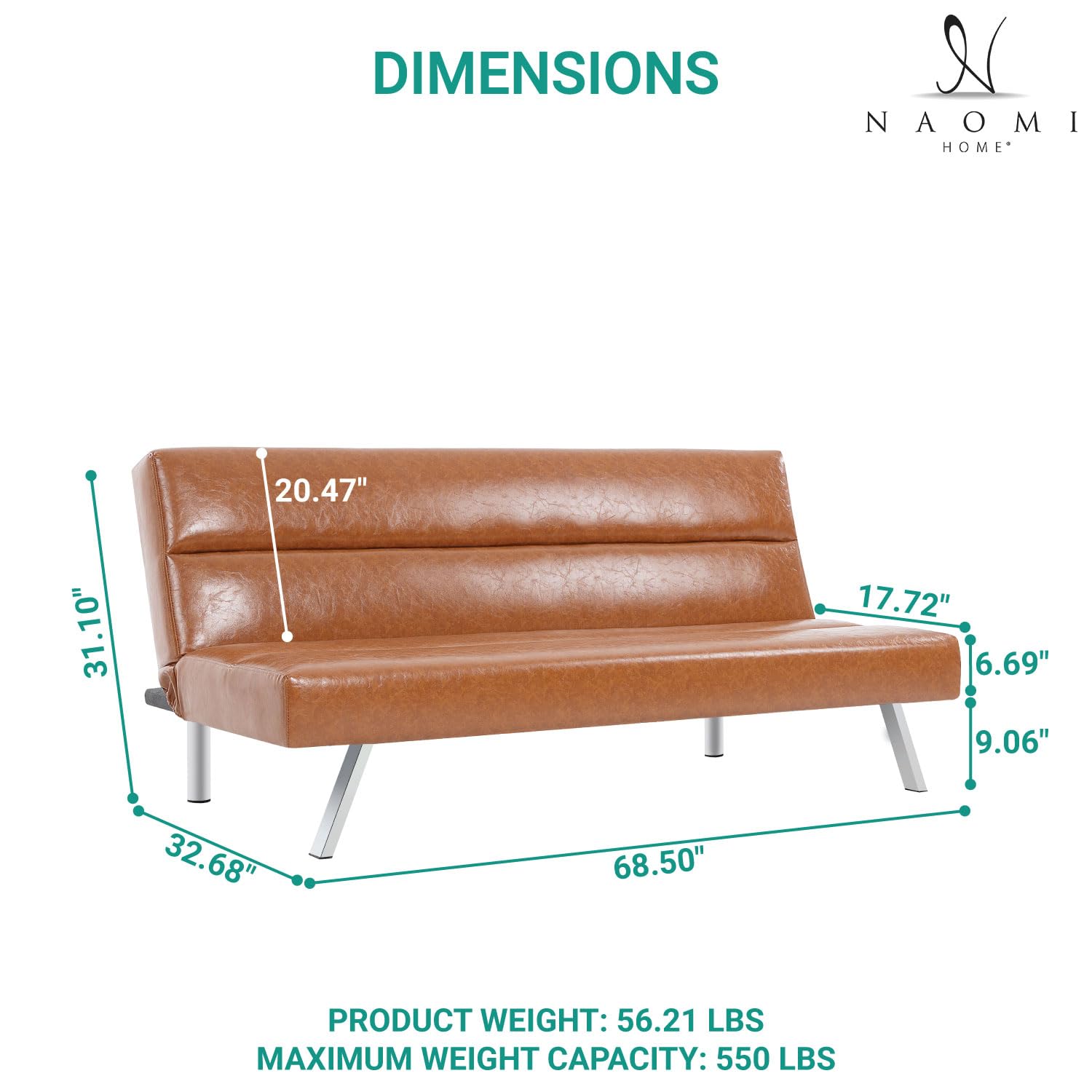 Naomi Home Caramel Leather Futon Sofa Bed - Convertible Sleeper for Small Spaces, Living Room & Guest Room - Genuine Leather Modern Furniture
