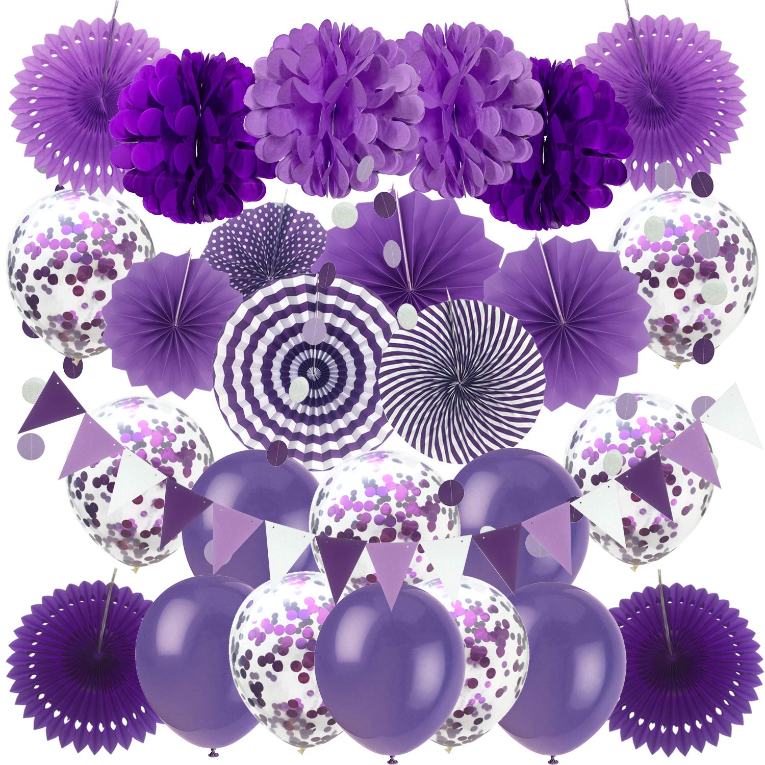 ZERODECO Purple Confetti Balloons & Party Decorations Set - Folding Fans, Paper Pompoms, Triangle Bunting Flags, Garlands for Wedding, Birthday, Baby Shower, Graduation, Mermaid Theme Parties | Perfect for Indoor & Outdoor Celebrations, Photo Backdrops, and Festive Events