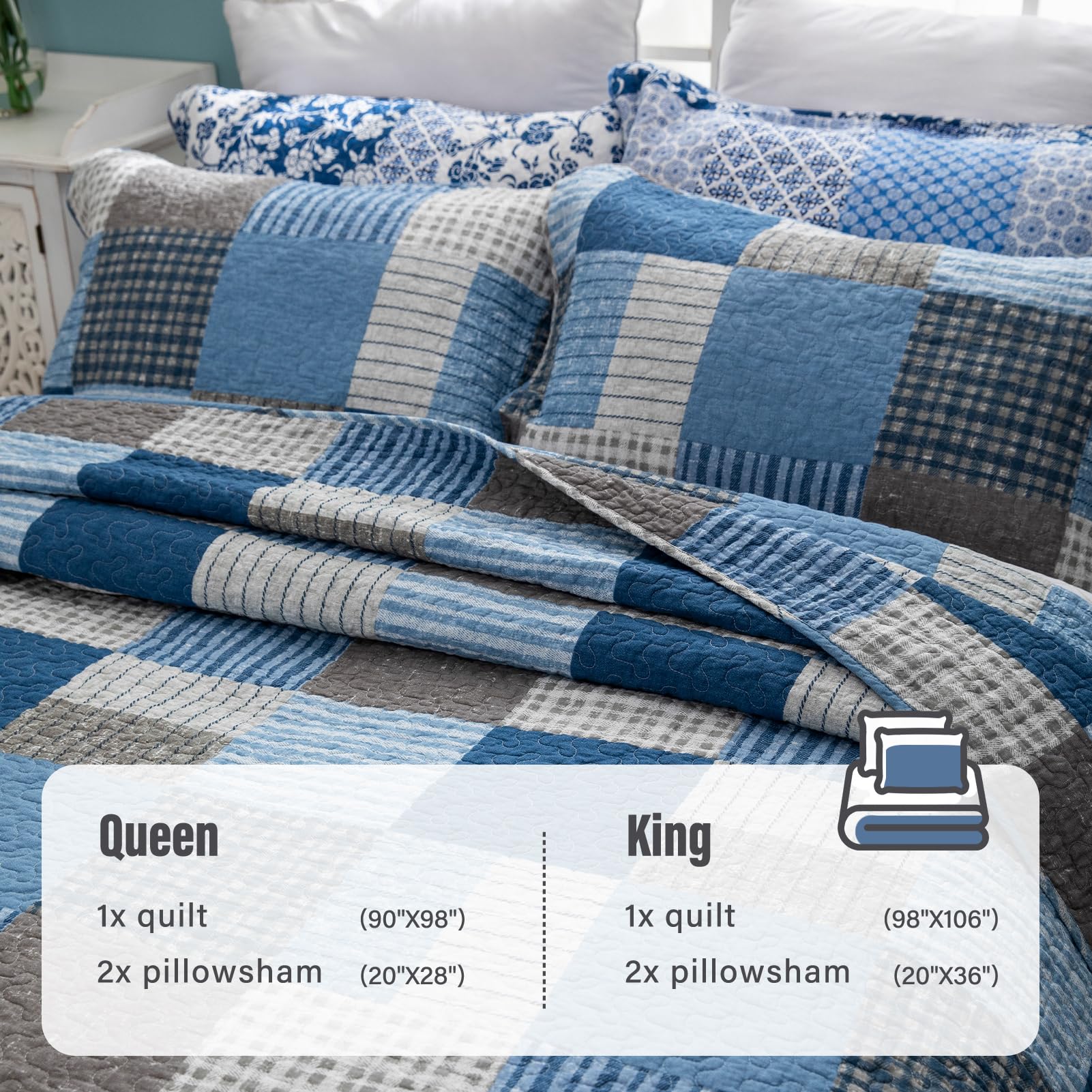 Y-PLWOMEN 100% Cotton Plaid Quilt Set Queen Size - Farmhouse Style Lightweight Breathable Bedspread with 2 Pillow Shams, Blue Navy (90x98 Inches) for Cozy Bedroom Decor & Guest Room Essentials