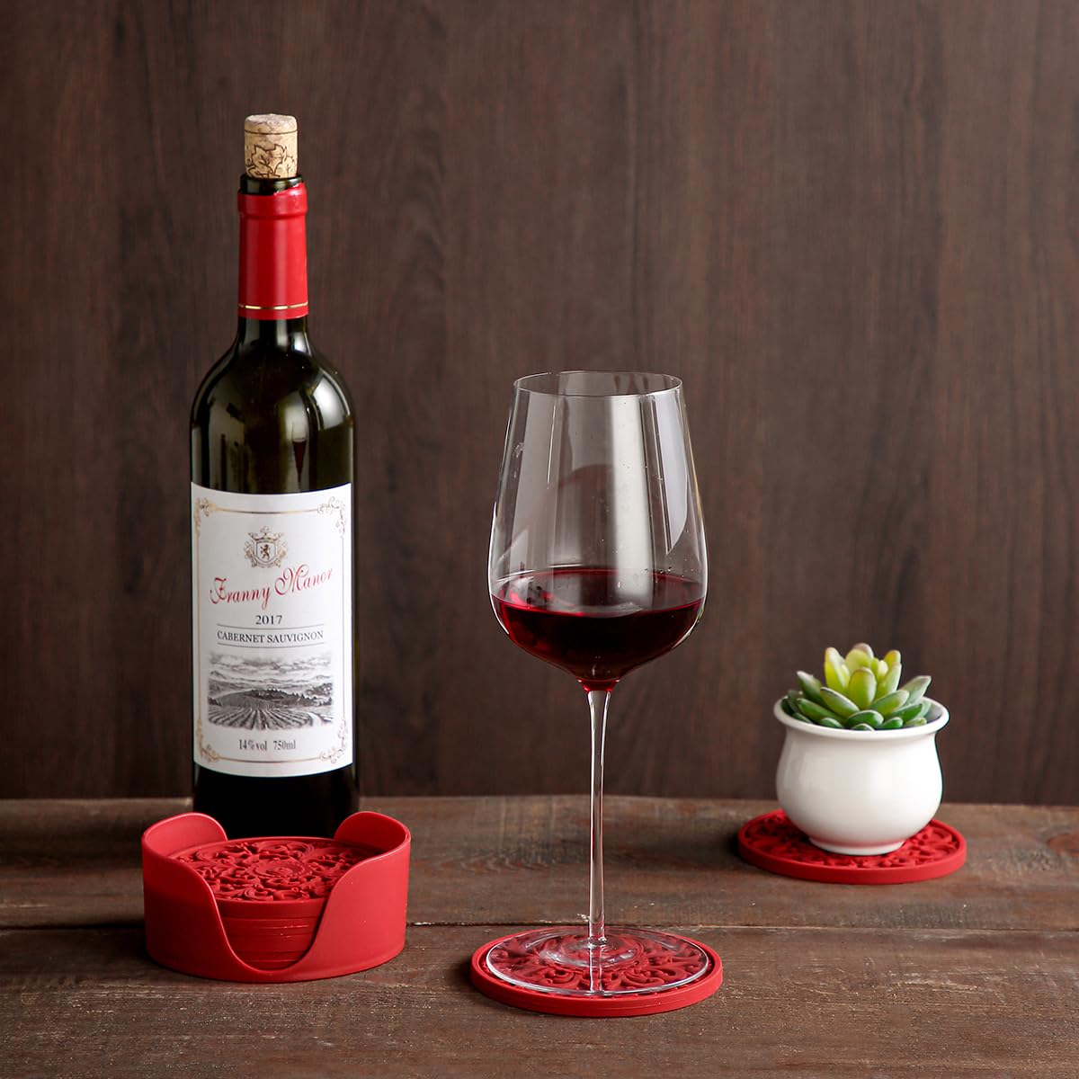 Premium Silicone Drink Coasters Set of 6 with Holder - Non-Slip Cup Mats for Hot & Cold Beverages - Table Protector for Home, Office & Bar Decor (Merlot Red, 3 Elegant Patterns) - Perfect for Coffee Tables, Dining Tables & Countertop Protection