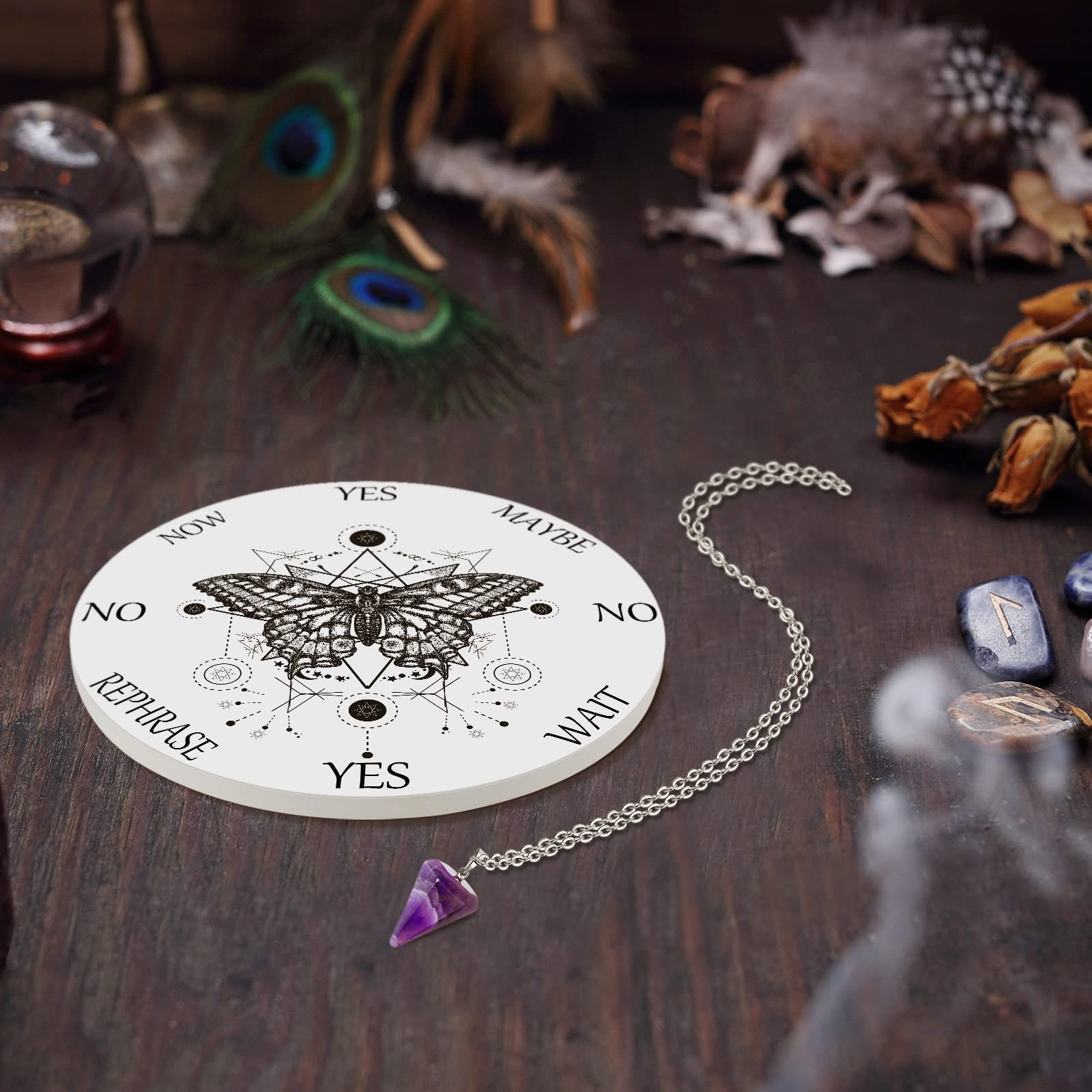 Butterfly Pendulum Board for Dowsing & Divination - Crystal Pendulum Necklace Set for Witchcraft, Altar Supplies & Metaphysical Practices - Perfect for Beginners (Ceramic Board) - Ideal for Spiritual Guidance, Energy Work & Witchcraft Rituals