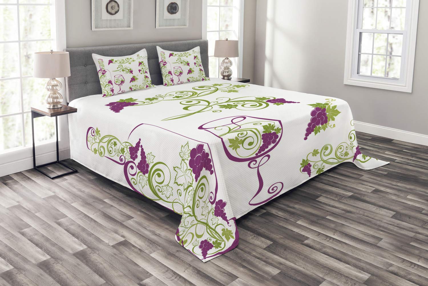 Ambesonne 3-Piece King Size Wine Themed Bedspread Set - Purple, Lime Green & White Grapevines Design with Swirled Branches, Includes Coverlet and 2 Pillow Shams - Perfect for Wine Lovers' Bedroom Decor, Vineyard Weddings, and Themed Guest Rooms