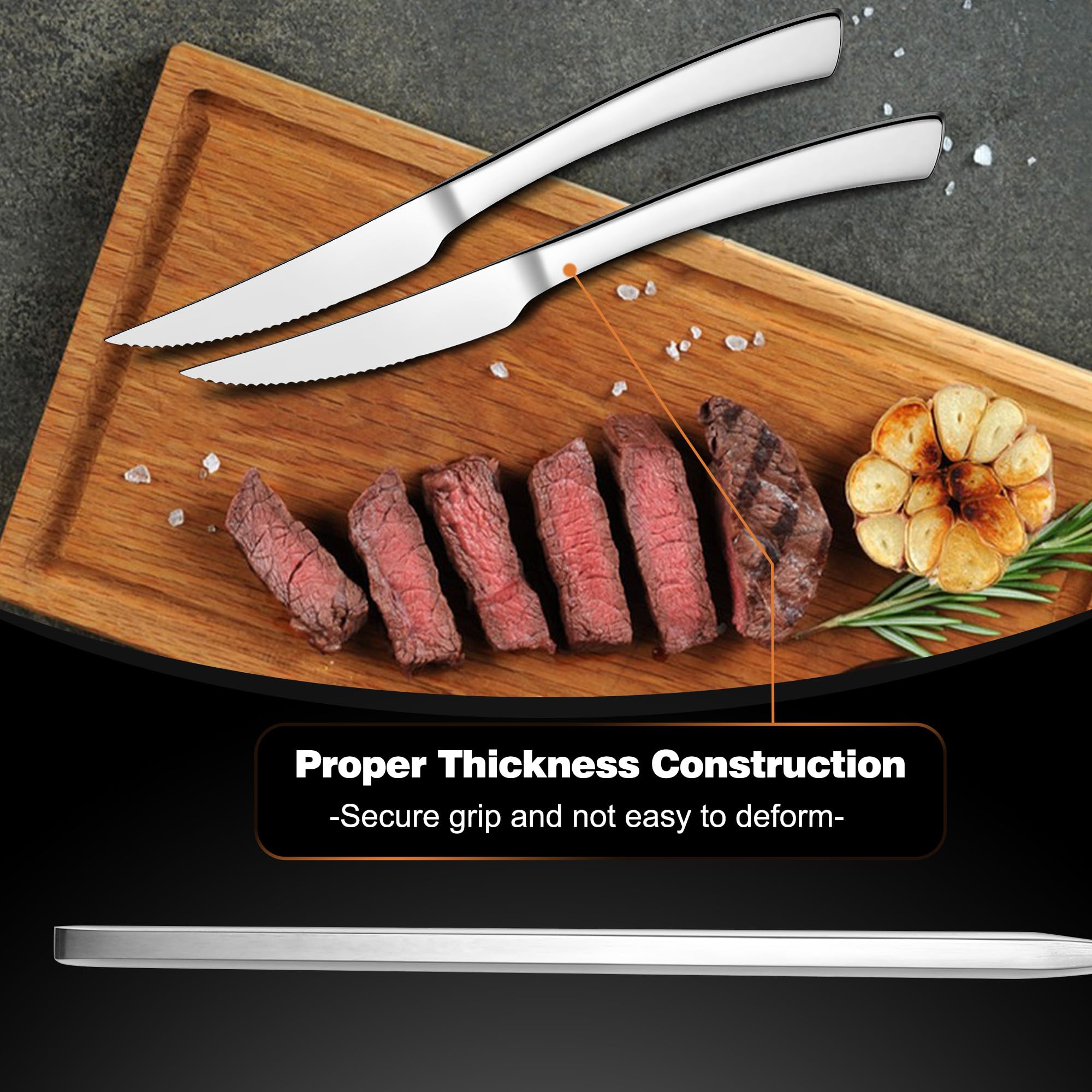 Premium Serrated Steak Knives Set of 12 - 9 Inch Stainless Steel Dinner Knives with Ergonomic Handle & Sharp Blade - Mirror Silver Finish - Dishwasher Safe - Perfect for Home Kitchen, Restaurant & Outdoor BBQ Parties