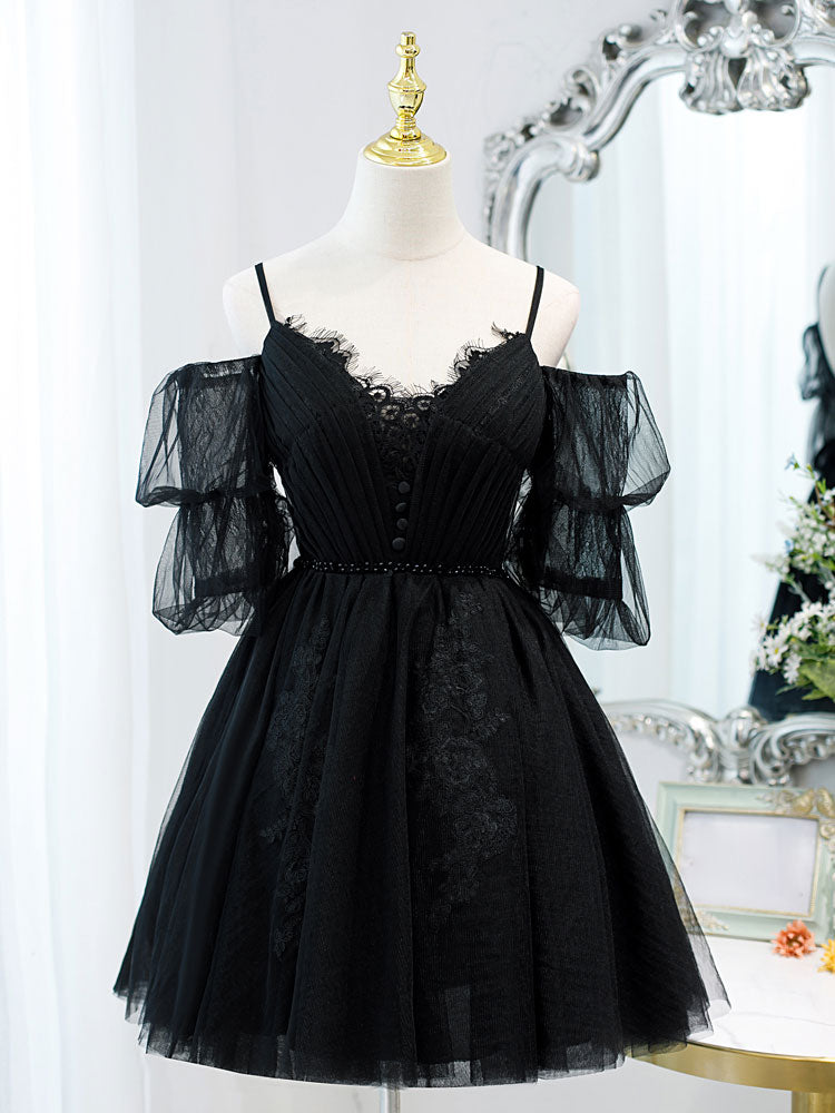 Elegant Black A-Line V-Neck Lace Short Prom Dress - Puffy Homecoming Mini Dress for Women | Perfect for Parties, Dances & Special Occasions