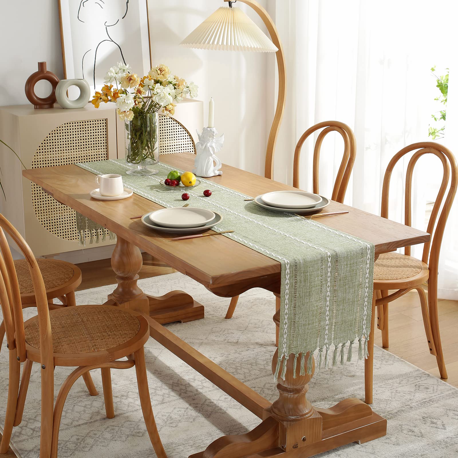 Rustic Hemstitch Linen Table Runner 90 Inches Long with Tassels - Farmhouse Style Dining Table Decor for Kitchen, Coffee Table, Party & Dresser - Sage Green 13
