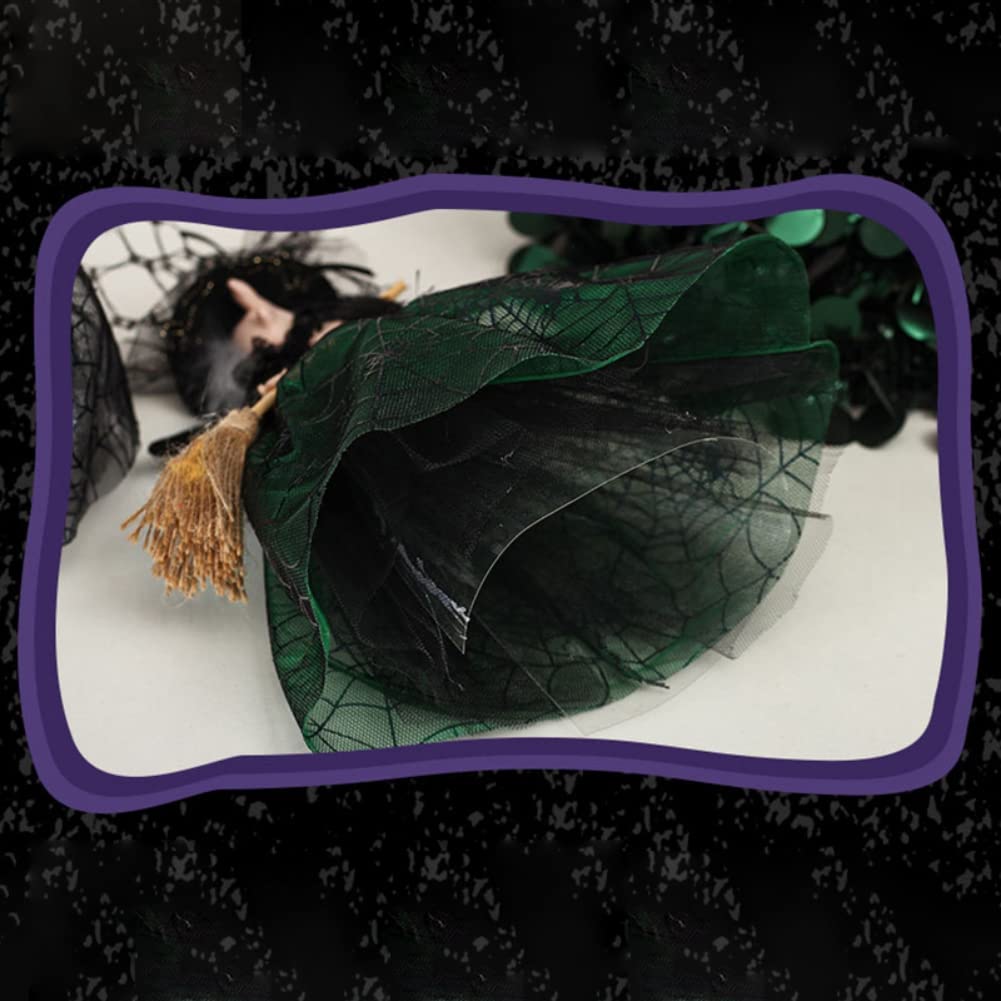 11 Inch Black Halloween Witch Tree Topper Decoration with Spider Web Skirt & Pointed Hat - Flying Broom Conical Base for Desktop, Treetop, Fireplace - Perfect for Home Halloween Party Decorations & Spooky Themed Events