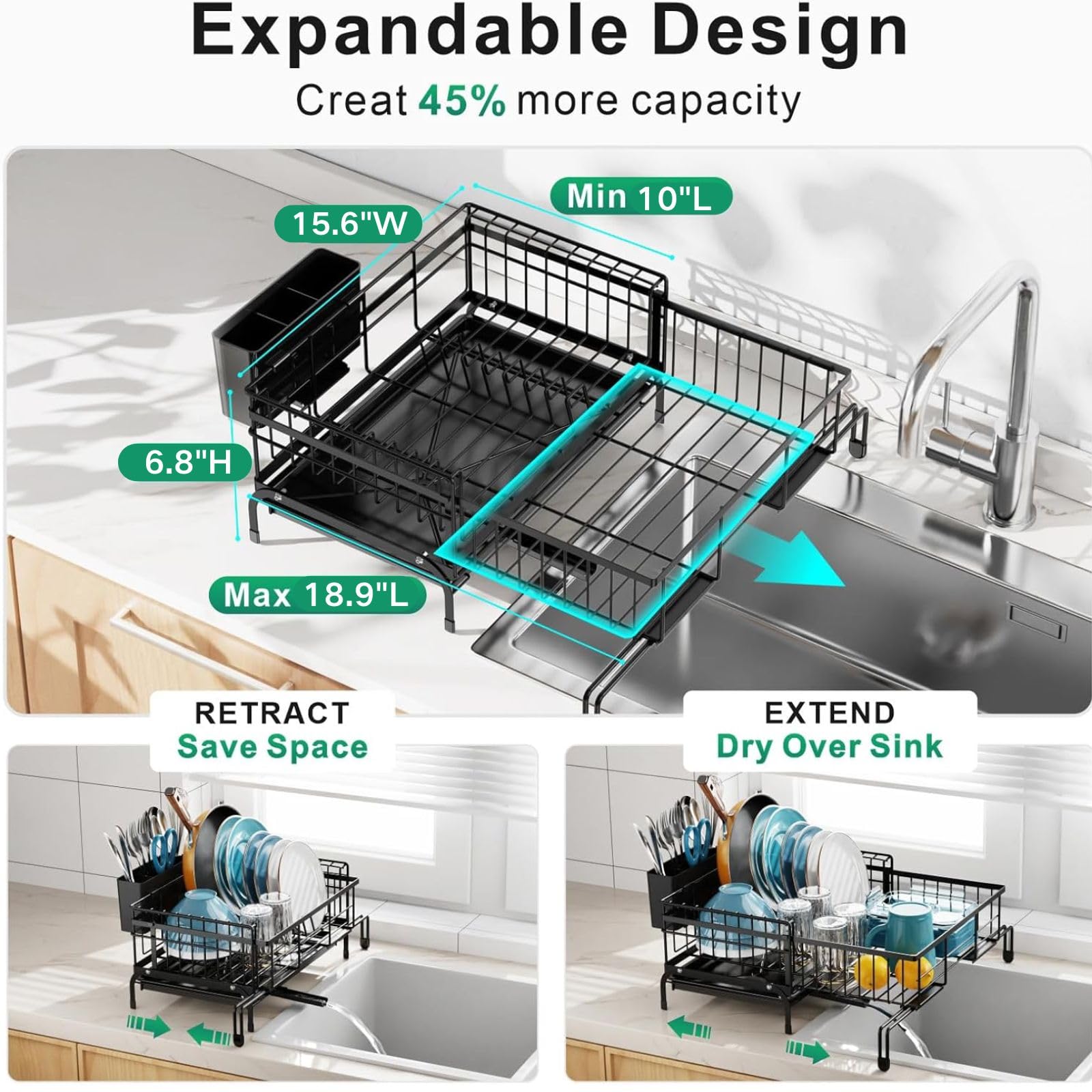 GSlife Expandable Dish Drying Rack with Drainboard - 2-in-1 Rustproof Kitchen Sink Organizer for Countertop & RV | Space-Saving Dish Drainer with Pan Slot & Utensil Holder | Perfect for Small Apartments, Camping & Dorm Rooms