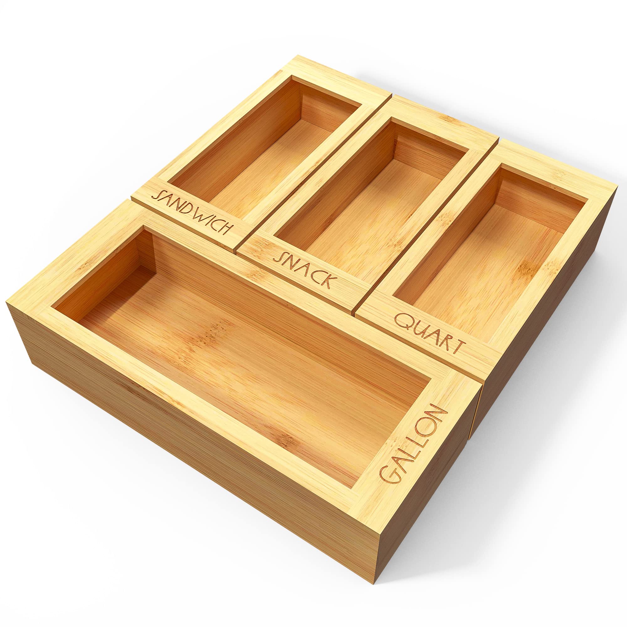 DALSHABET Bamboo Kitchen Drawer Organizer - 4 Compartment Food Storage Bag Holder for Gallon, Snack & Sandwich Bags (12x14 Inches, Beige) | Perfect for Pantry Organization & Meal Prep Storage