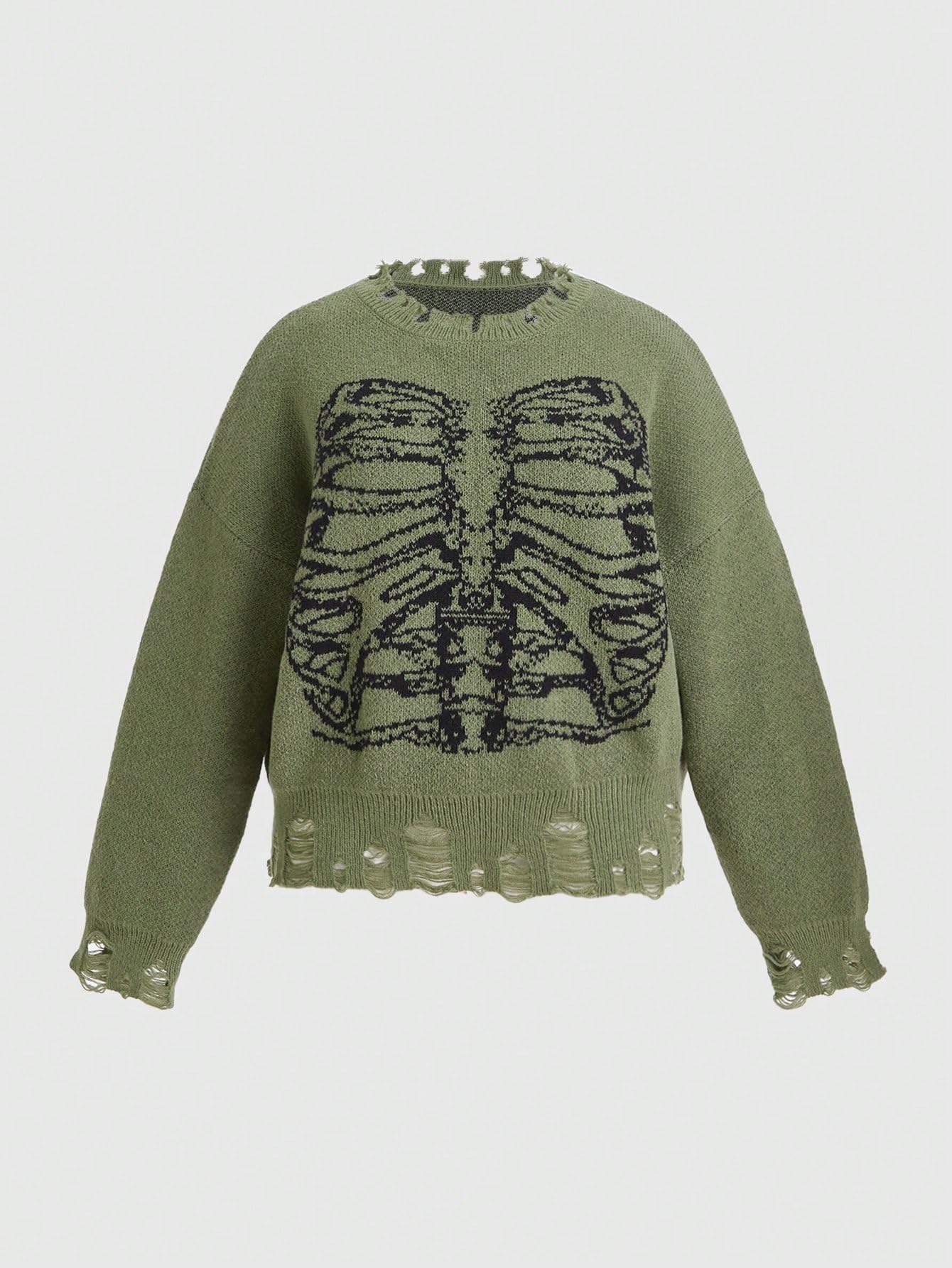 SHENHE Women's Plus Size Distressed Graphic Skeleton Print Raw Hem Loose Sweater Pullover | Casual Oversized Knit Top for Fall & Winter | Cozy Layering for Streetwear, Halloween, and Gothic Fashion
