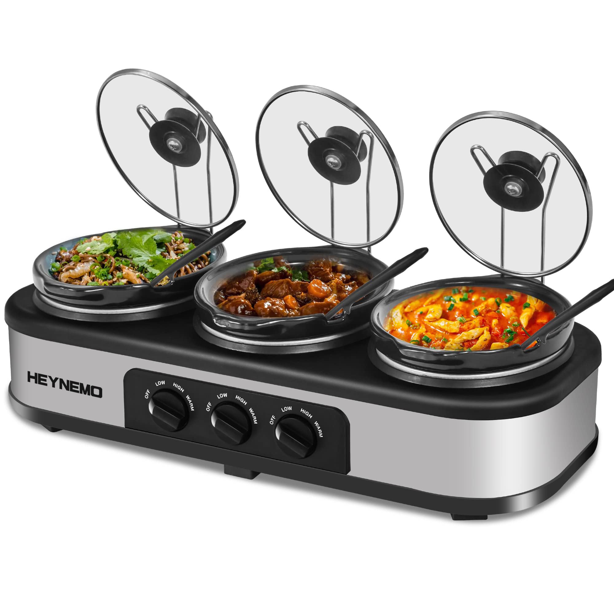 3-in-1 Triple Slow Cooker Buffet Server - 3×1.5QT Stainless Steel Food Warmers with Adjustable Temperature & Lid Rests - Perfect for Parties, Holidays, Family Gatherings & Potluck Dinners