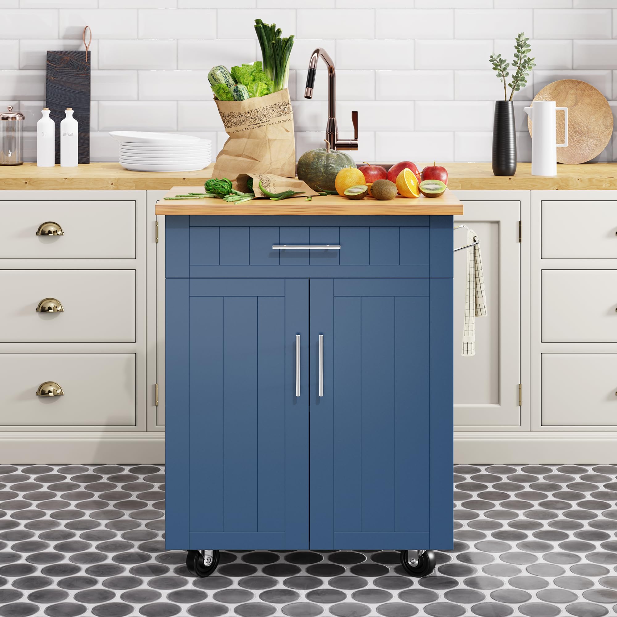 Shintenchi Blue Kitchen Island Cart with Storage - Rolling Side Table on Wheels, Large Worktop, Cabinet, Towel Rack & Drawers for Kitchen, Dining Room, Small Spaces & Apartments