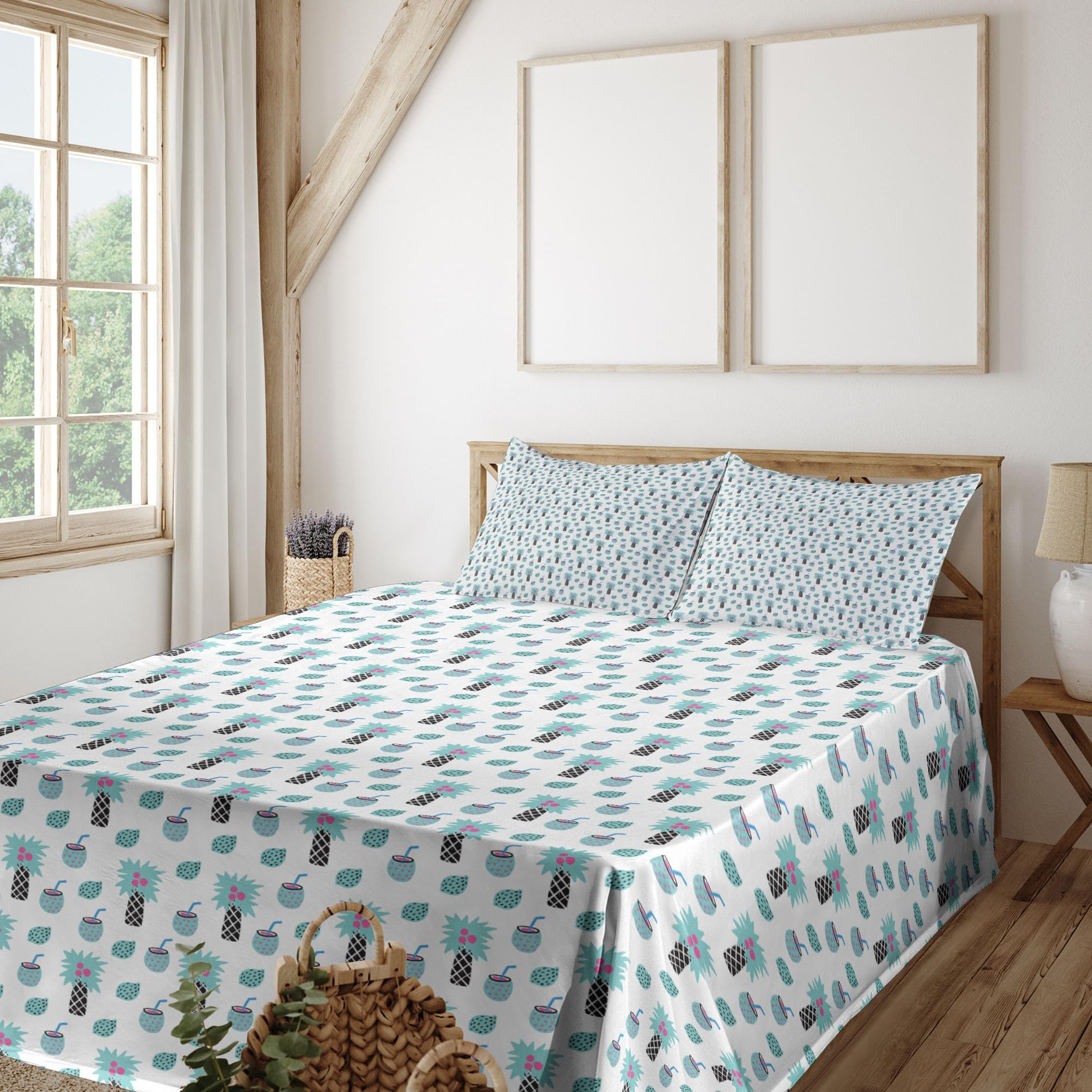 Ambesonne Exotic 4-Piece King Size Sheet Set - Tropical Lemon & Pineapple Hipster Fruit Print, Aqua Magenta & Black Bedding Set with Fitted Sheet, Flat Sheet & Pillowcases | Perfect for Summer Bedroom Decor, Guest Room Makeover or Beach House Retreat
