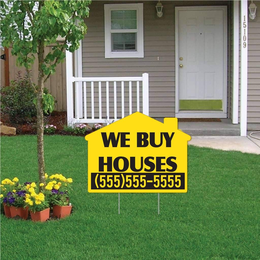 Custom 'We Buy Houses' Yard Signs - 17x22 Inch Yellow Corrugated Plastic House-Shaped Signs (Set of 100 with Stakes) - Perfect for Real Estate Investors, House Flippers & Property Buyers