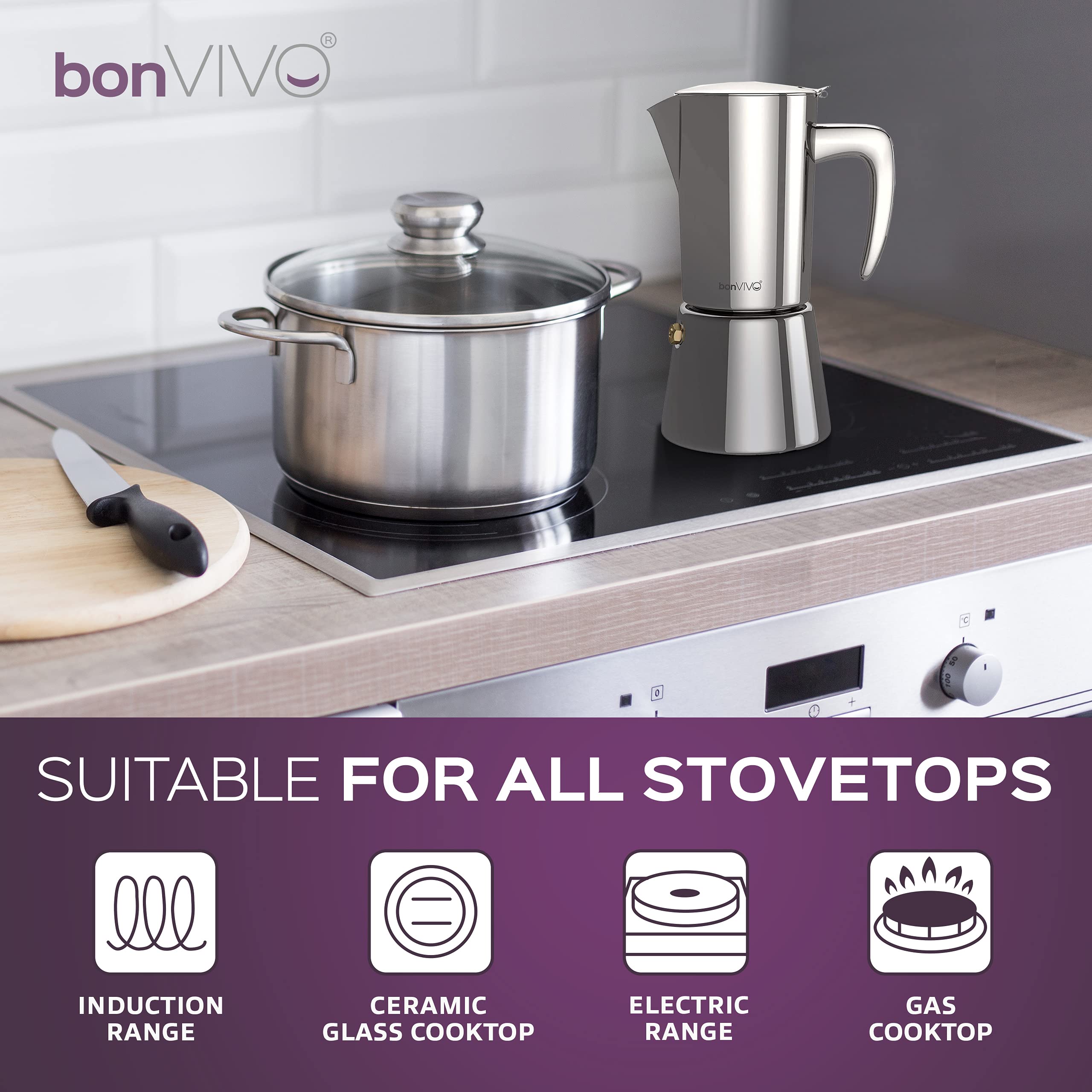 bonVIVO Intenca Stovetop Espresso Maker - Premium Stainless Steel Italian Moka Pot for Rich Coffee - 6 Cup Capacity (10oz) - Perfect for Camping, Home & Office Use - Durable Copper Finish