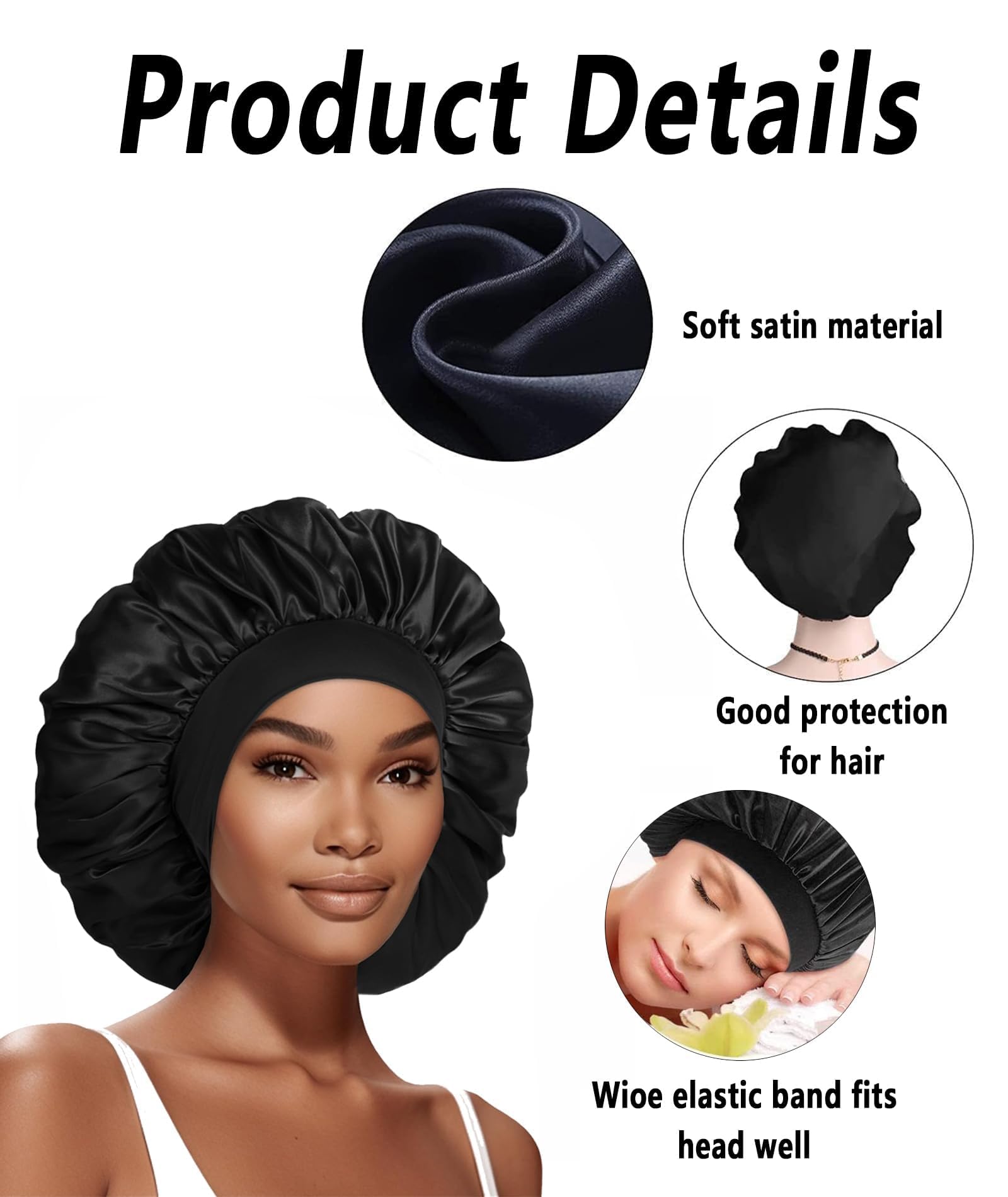 Silk Hair Bonnet for Sleeping - Satin Sleep Cap for Women & Girls - High Resilience Silk Bonnet for Hair Protection - Adjustable Black Hair Cap Fits Most Head Sizes - Perfect for Nighttime Hair Care & Travel