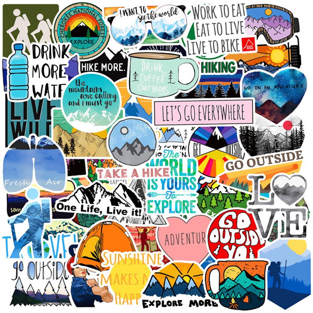 Waterproof Vinyl Camping Stickers 50 Pack - Durable Outdoor Adventure Decals for Water Bottles, Laptops, Coolers | Perfect for Hiking, Backpacking, RV Travel & Nature Enthusiasts