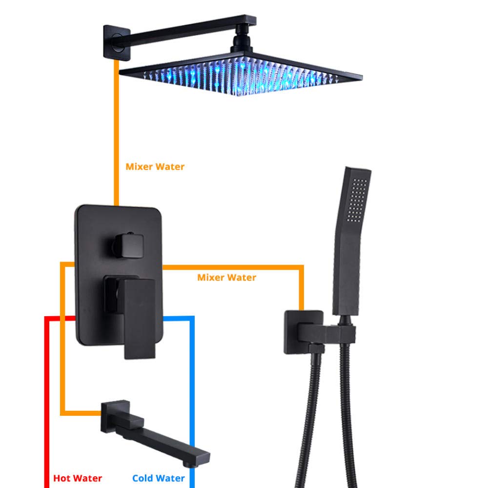 LED Rainfall Shower Head Set - Matte Black Wall Mounted Bathroom Faucet with Shower Mixer Tap - Perfect for Modern Bathroom & Spa Experience
