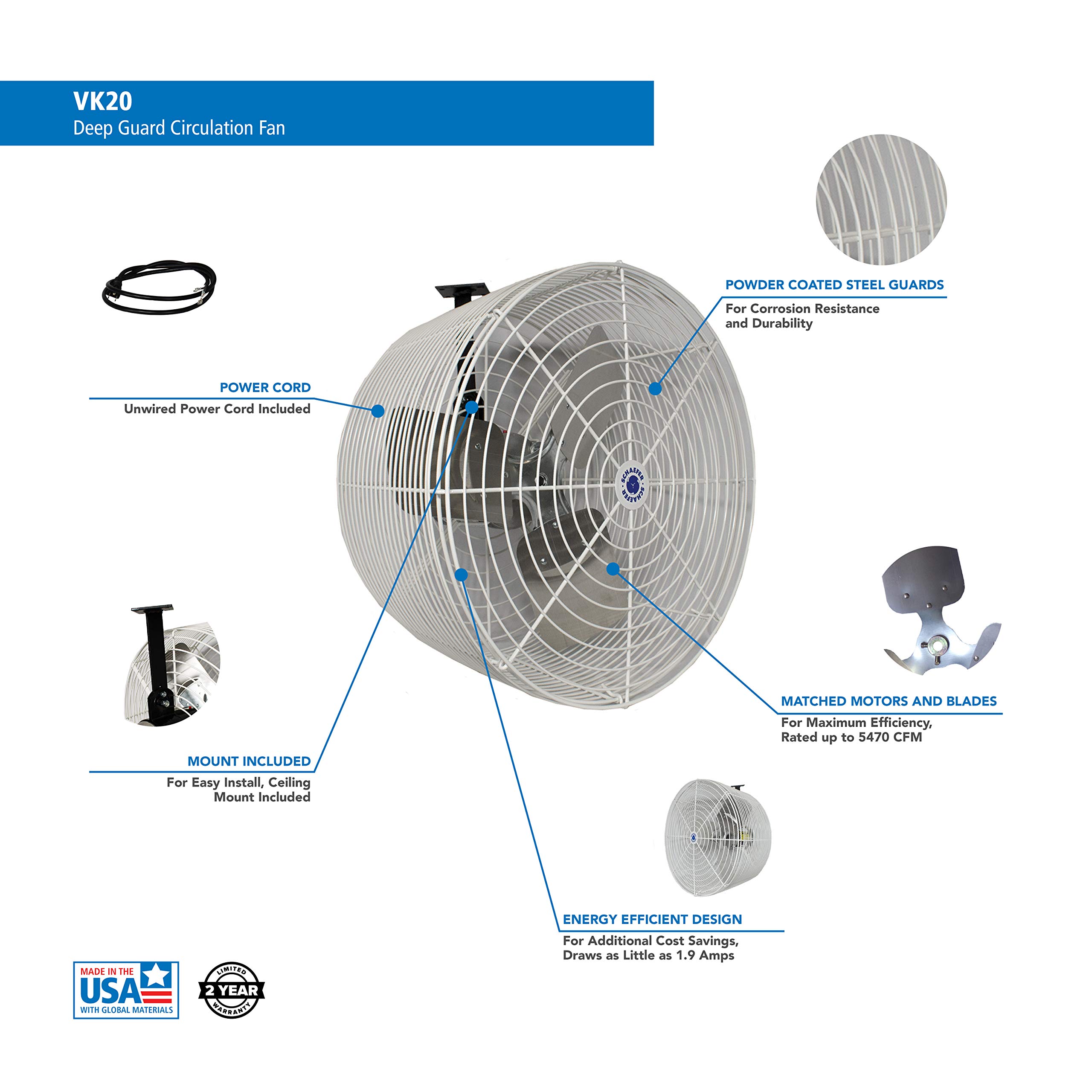 Schaefer Versa-Kool 12 Inch Greenhouse Circulation Fan - 5730 CFM, 1/3 HP, 115/230V, Model VK20 - Perfect for Greenhouses, Grow Rooms & Indoor Gardening Ventilation
