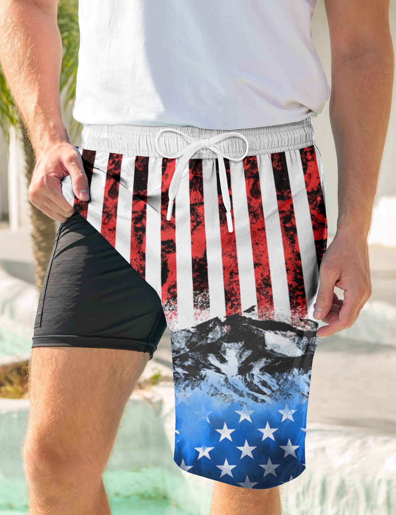 Goodstoworld Men's Funny Swim Trunks with Compression Liner - 2-in-1 Quick-Dry 9-Inch Stretch Swim Shorts with 3 Pockets for Beach, Pool & Water Sports