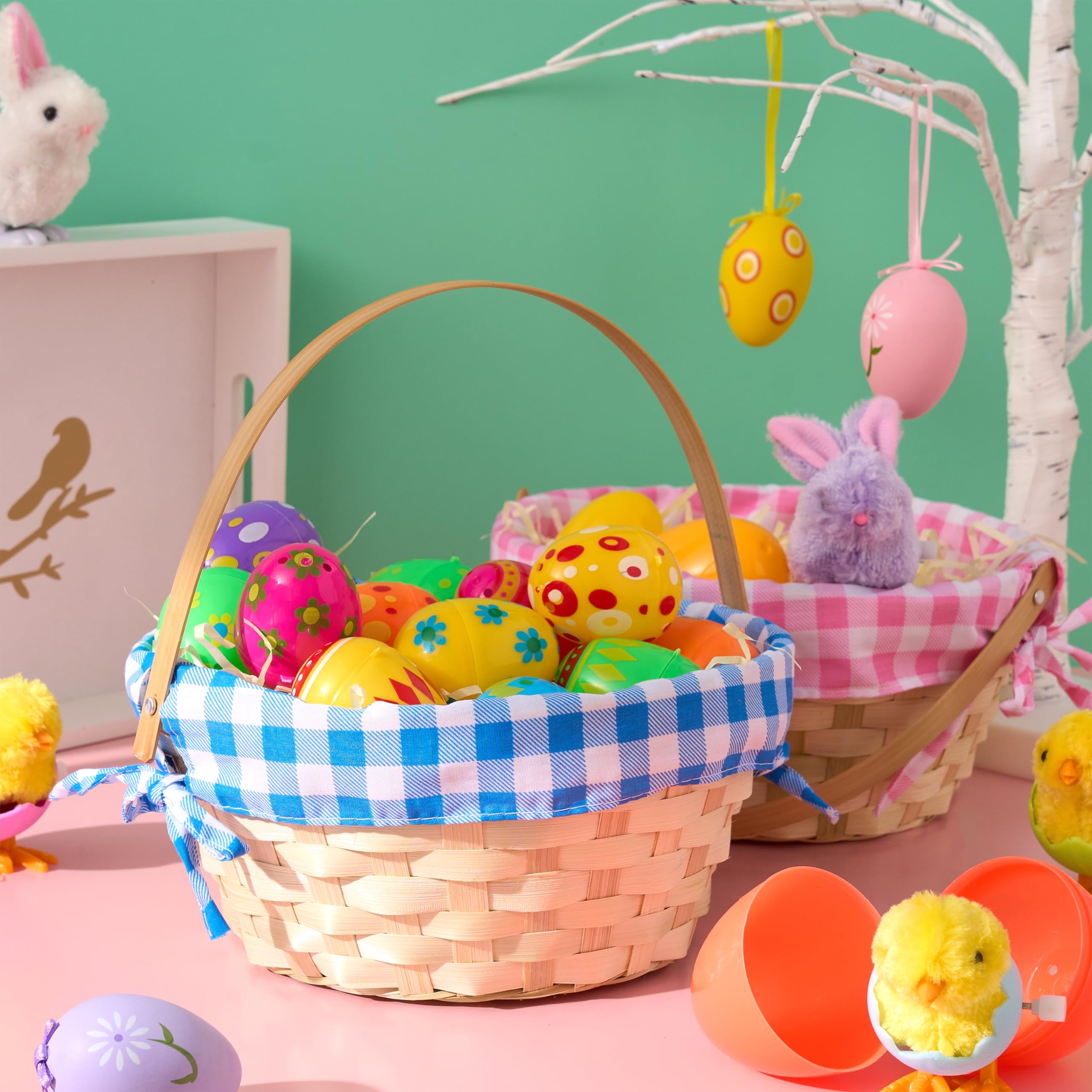 JOYIN 2-Pack Easter Bamboo Woven Baskets with Linen Liner & Handle - Decorative Party, Picnic, Easter Egg Hunt Gift Baskets for Kids (Boys & Girls) - Perfect for Candy, Treats & Holiday Decorations
