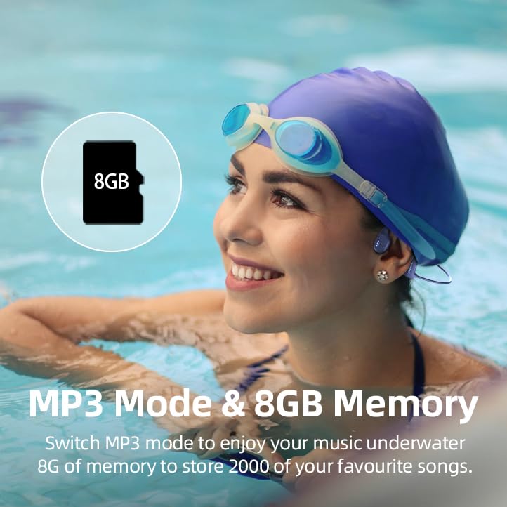 Flymory Bluetooth 5.2 Swimming Headphones - IP68 Waterproof Bone Conduction Headset with 8GB Storage, Open Ear Wireless Sports Earphones for Swimming, Workout, Hiking, Cycling (Blue) - Perfect for Pool Workouts, Outdoor Adventures & Fitness Training